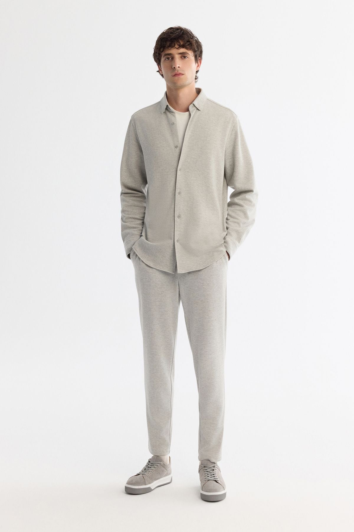 Easy ironing shirt with men's gray button collar pattern A42Y2018