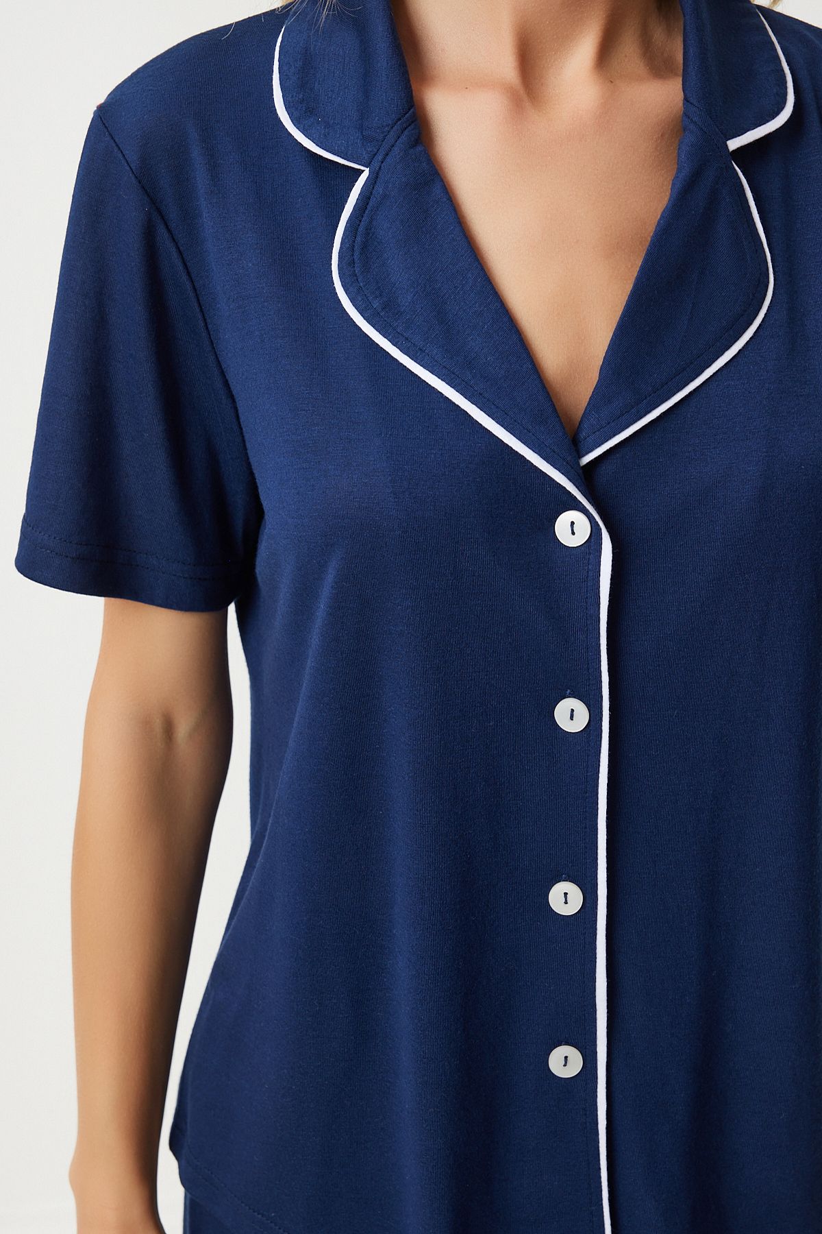 Women's Navy Blue Detailed Shirt Short Pajama Set EC00039