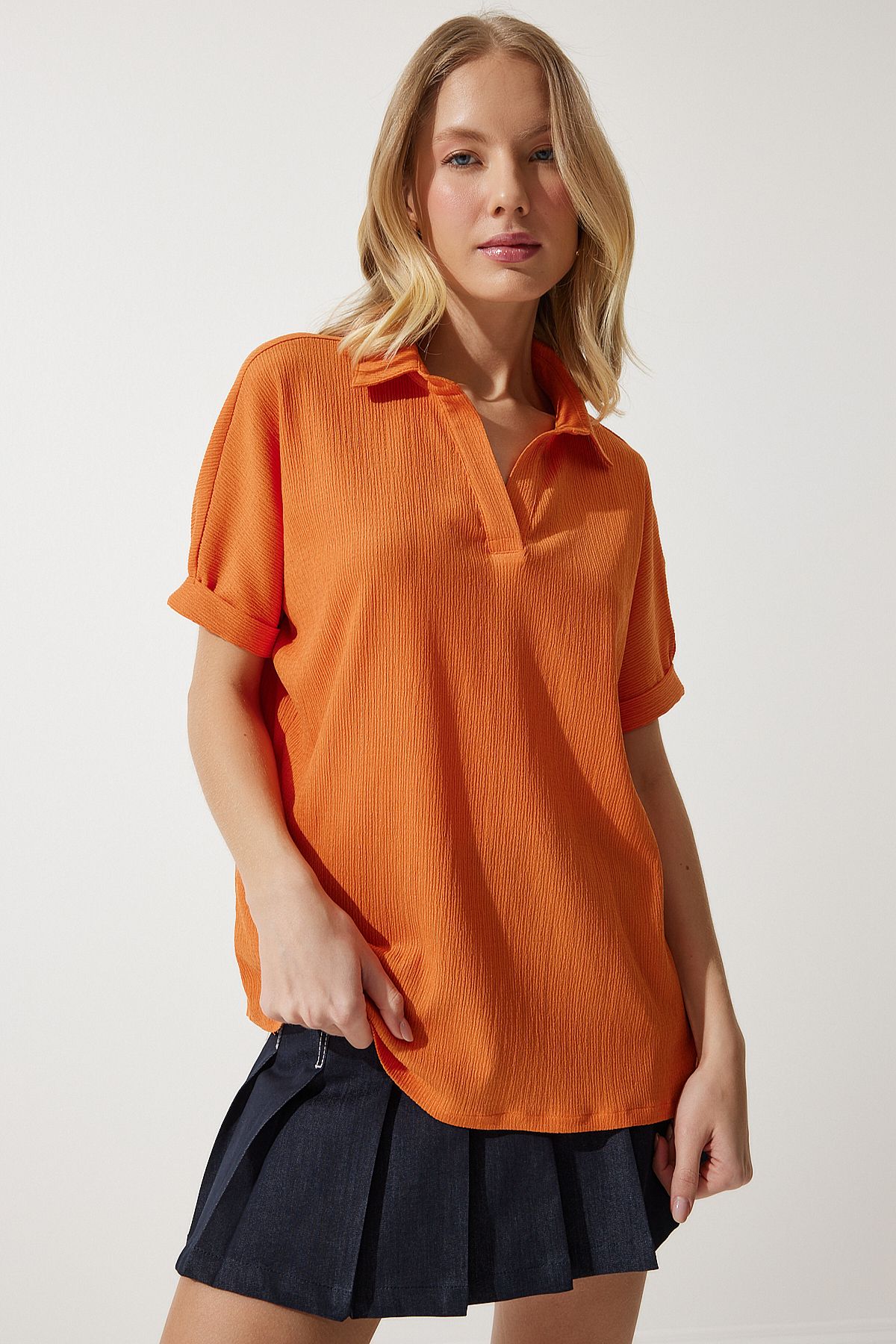 Female Orange Polo Yaka Knitting Krinkıl Blouse DD01299