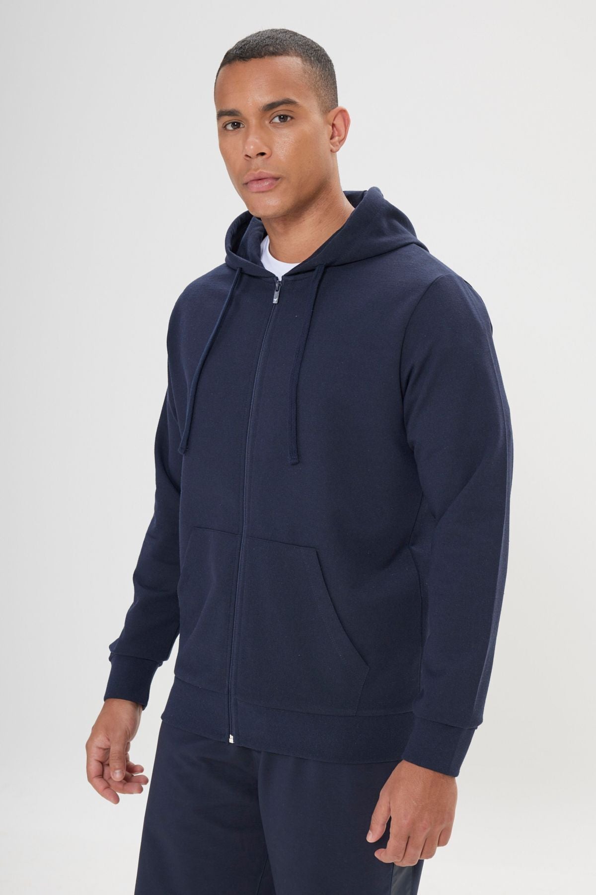 Men's navy blue standard fit normal cut 2 IP cotton hooded sweatshirt