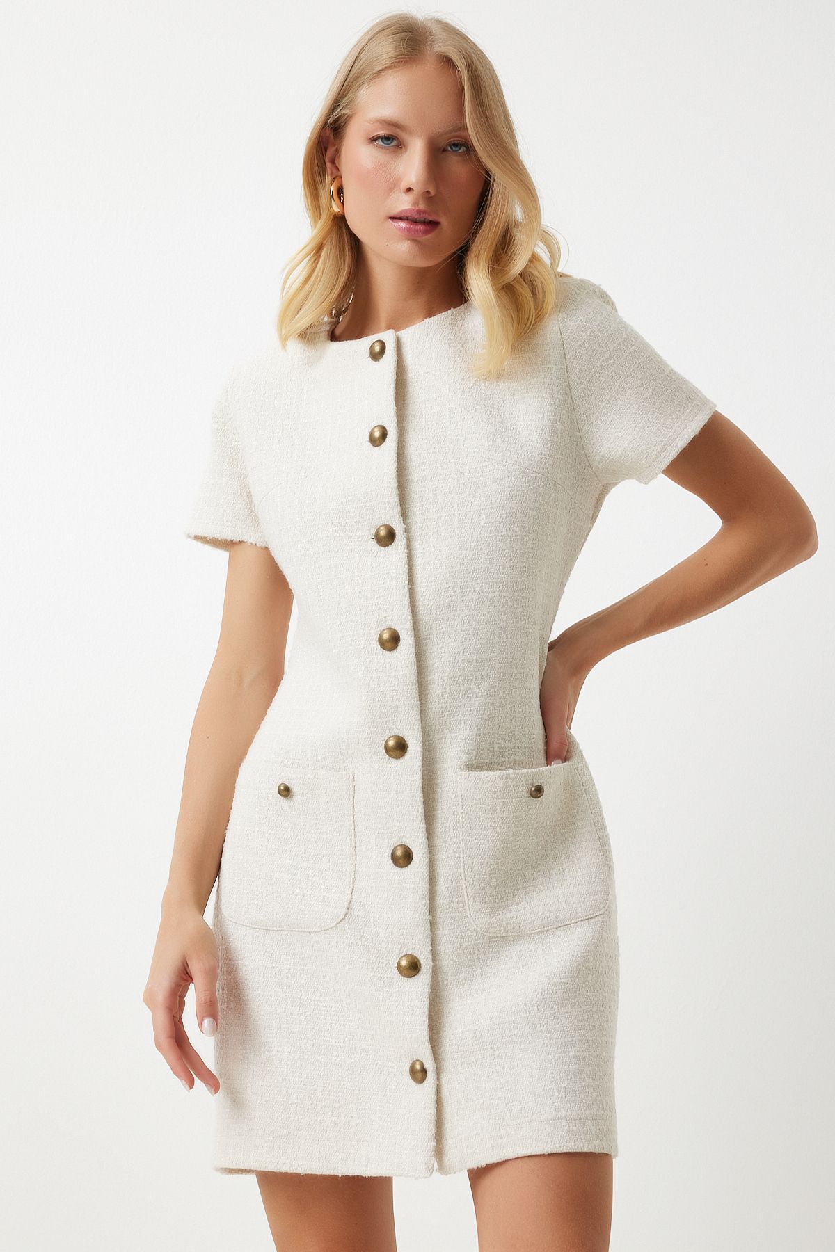 Female bone pocket buttoned mini tüvit dress kj00009