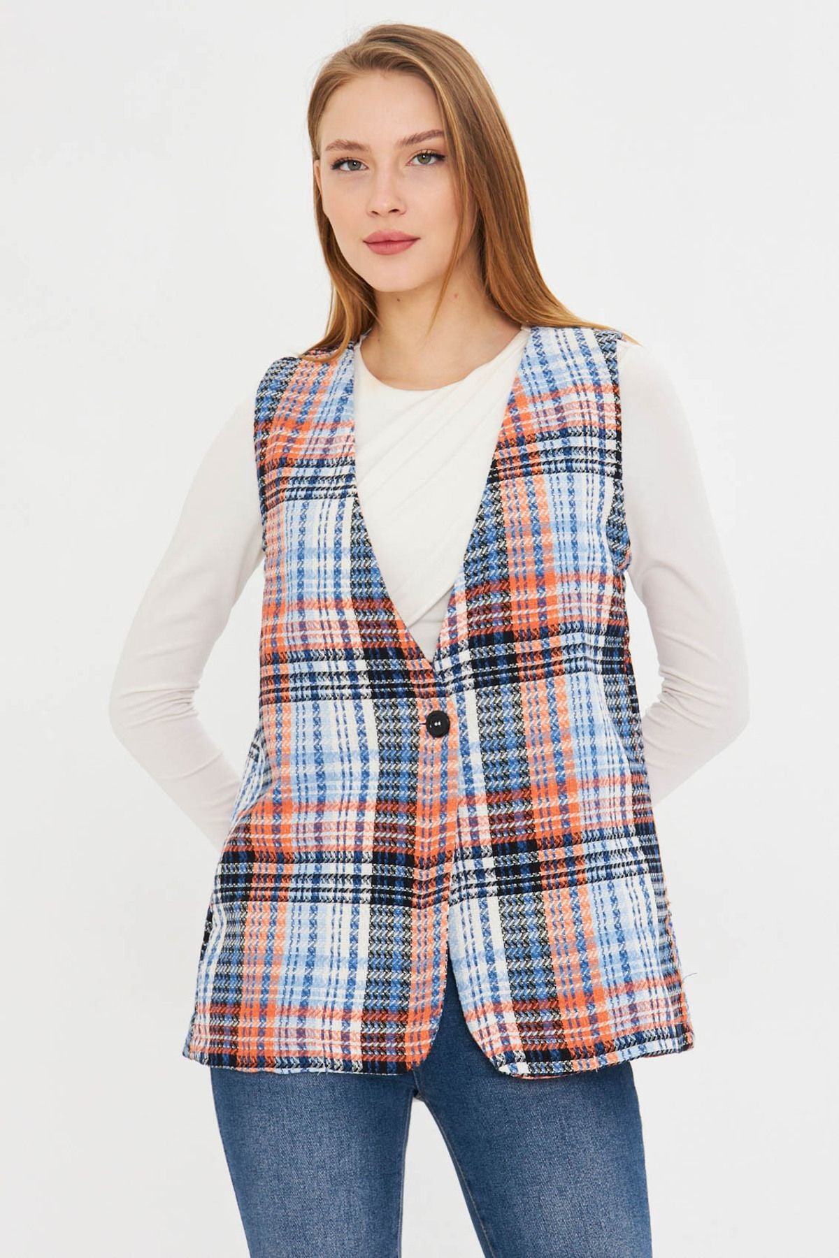 Woman Orange V-Neck Single Buttoned Oversiz vest with ARM-25K001111