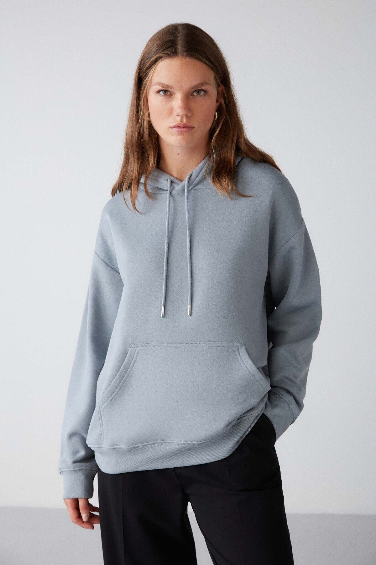 ADEL RELAXED fit knitted kangaroo pocket with hooded blue sweatshirt