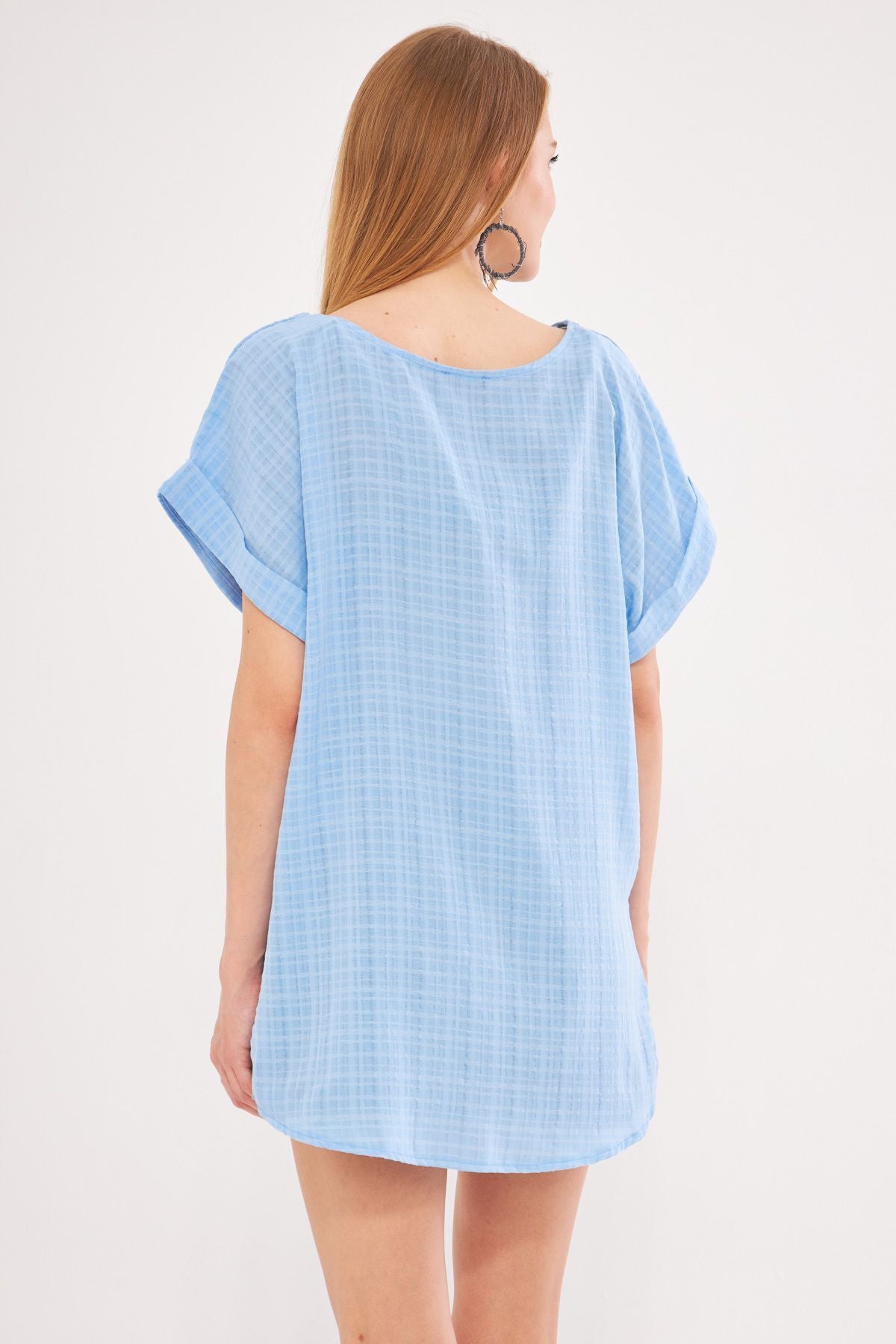 Woman Baby Blue V-Neck Side Slip Behind Long Dual Arm Detail Oversiz Blouse ARM-24Y001074