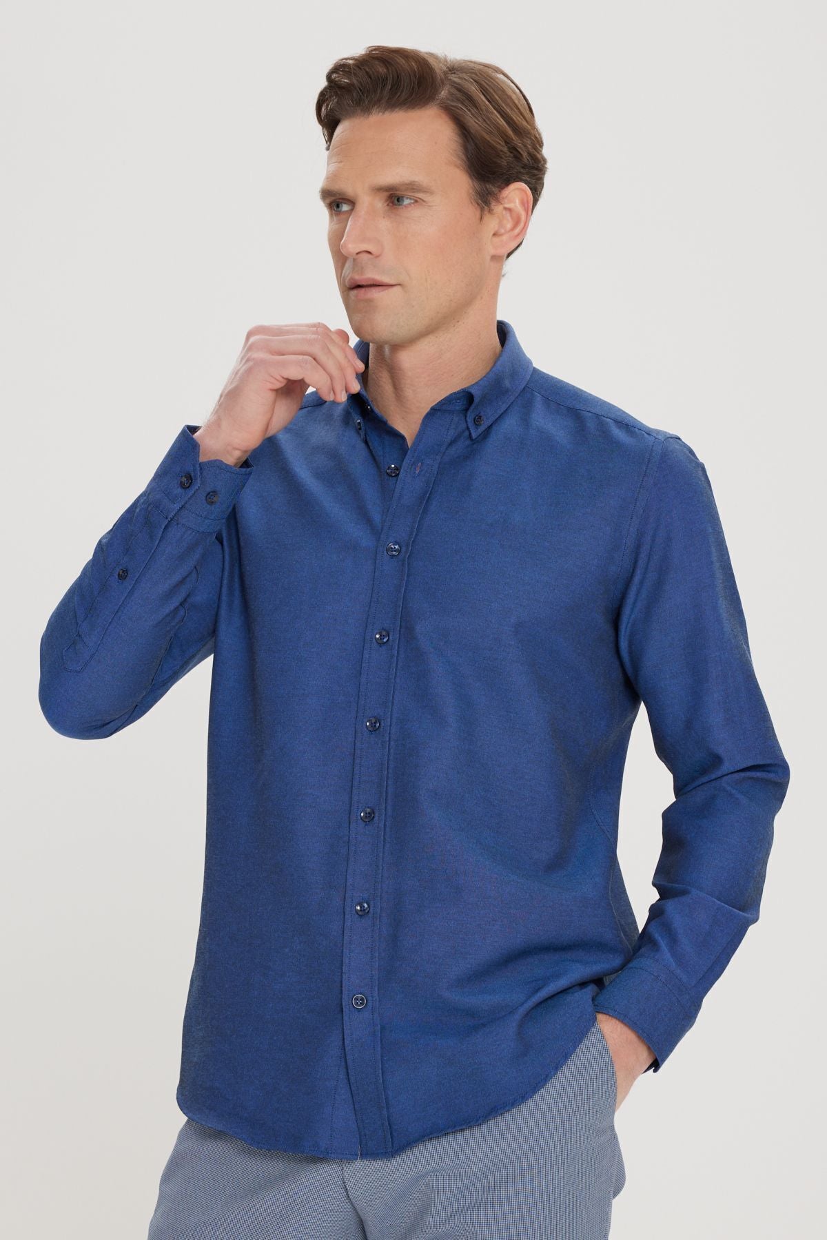 Men's Oxford Dark Navy Blue button with easy -to -ironing cotton slim fit narrow cut shirt