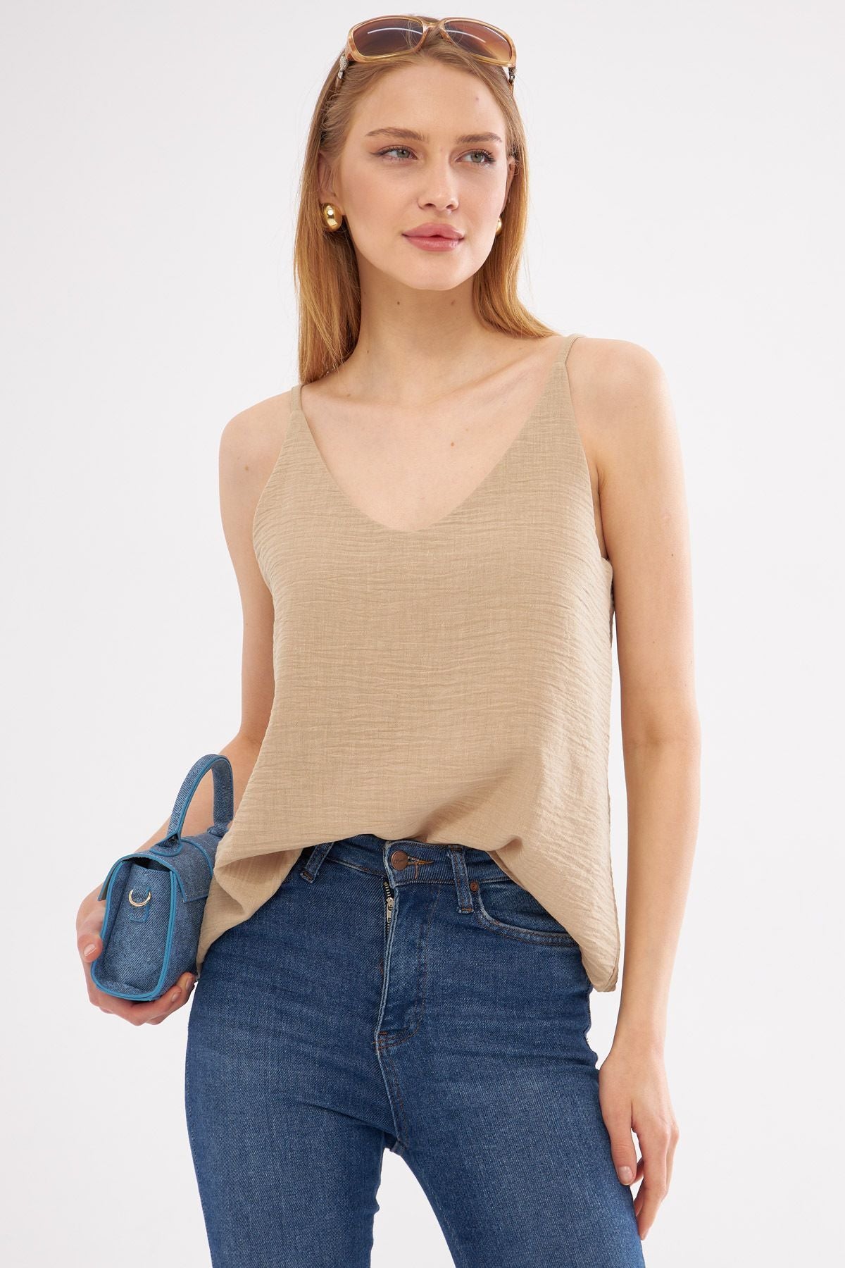 Woman Light Beige Linen Looking Hanger Blouse ARM-24Y001064