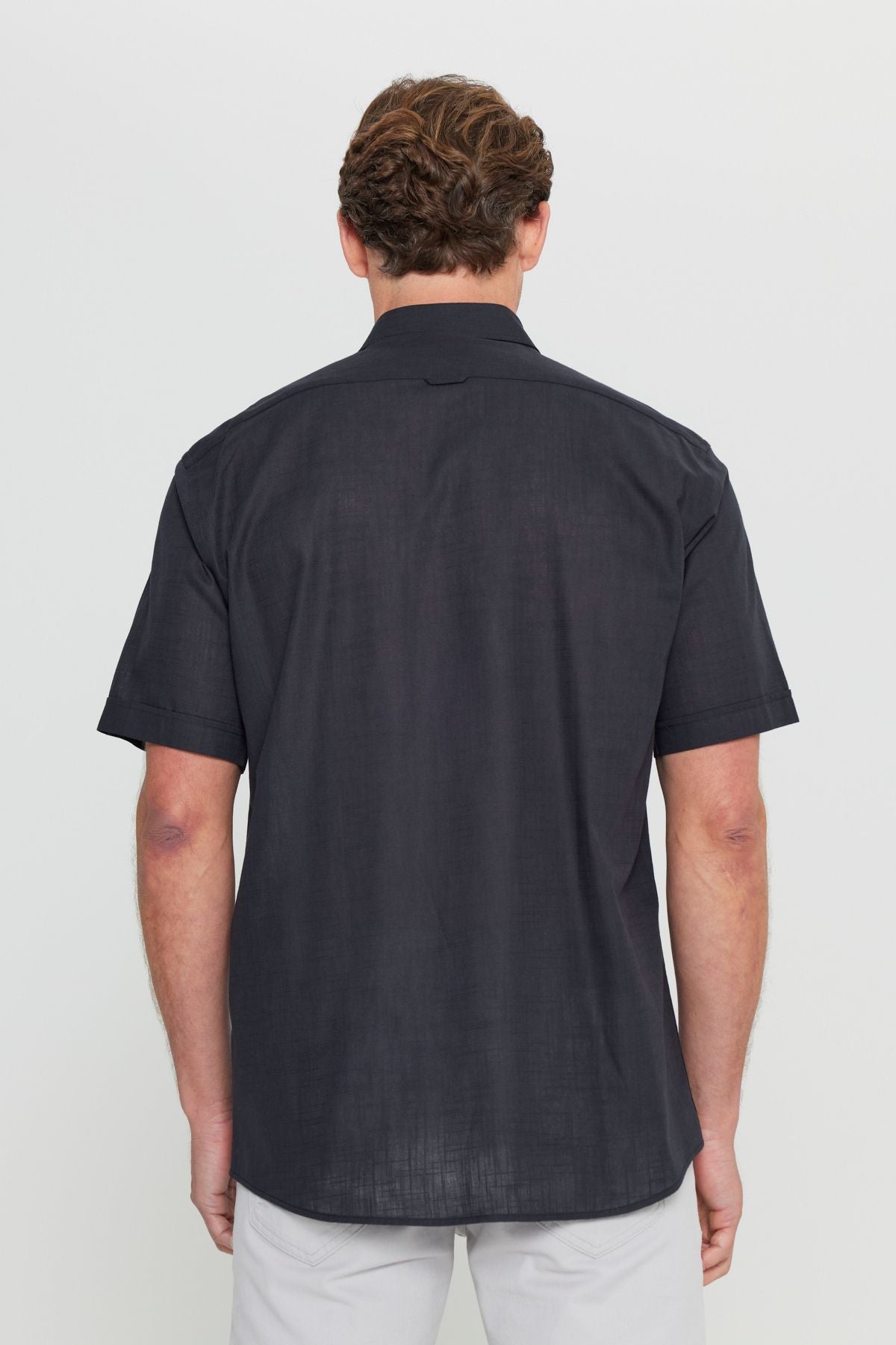 Men's Black Comfort Fit Casual Cutting Buttoned Neck Linen Look 100 %Cotton Short Sleeve Shirt