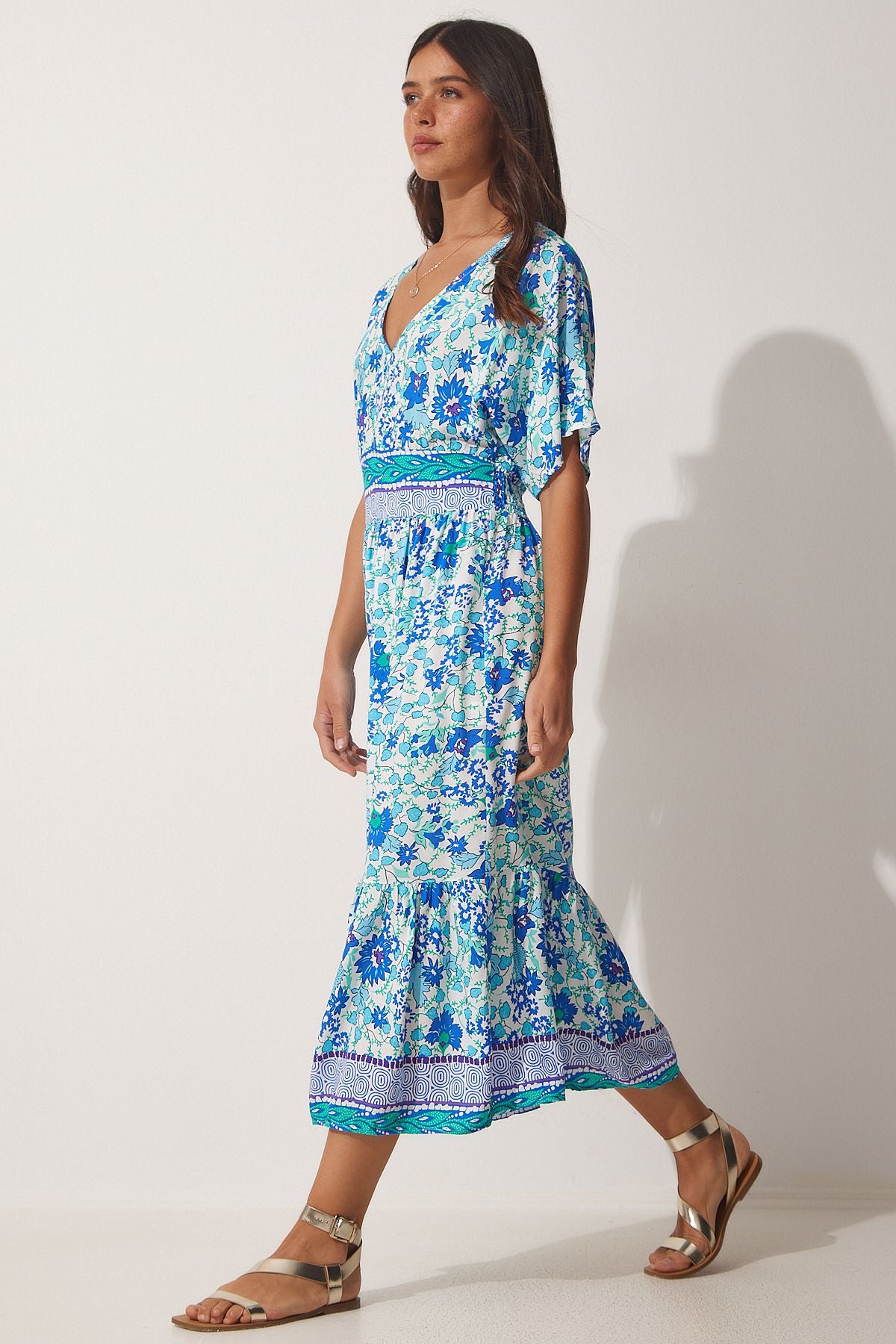 Women's Blue V -Neck Floral Summer Viscose Dress HF00435