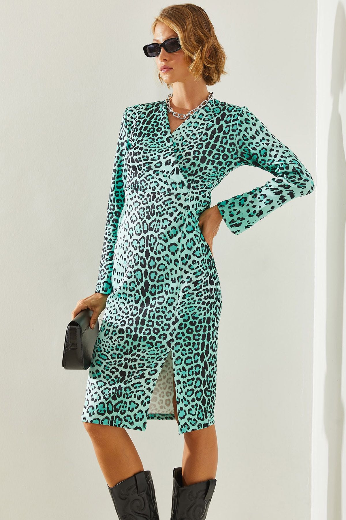 WOMEN V -neck arm and skirt slit leopard patterned dress 21747 60251613