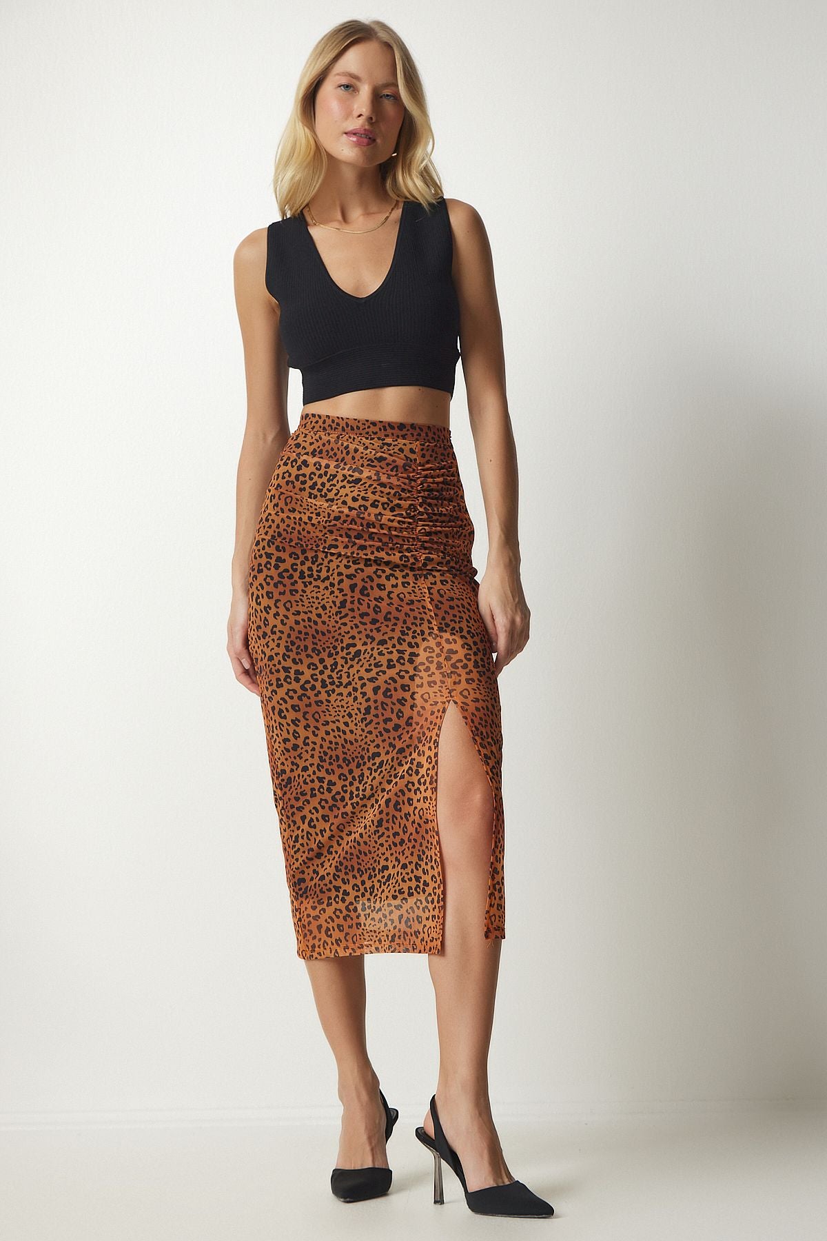 Woman Oranj Patterned Shirred Chiffon Skirt CR00420