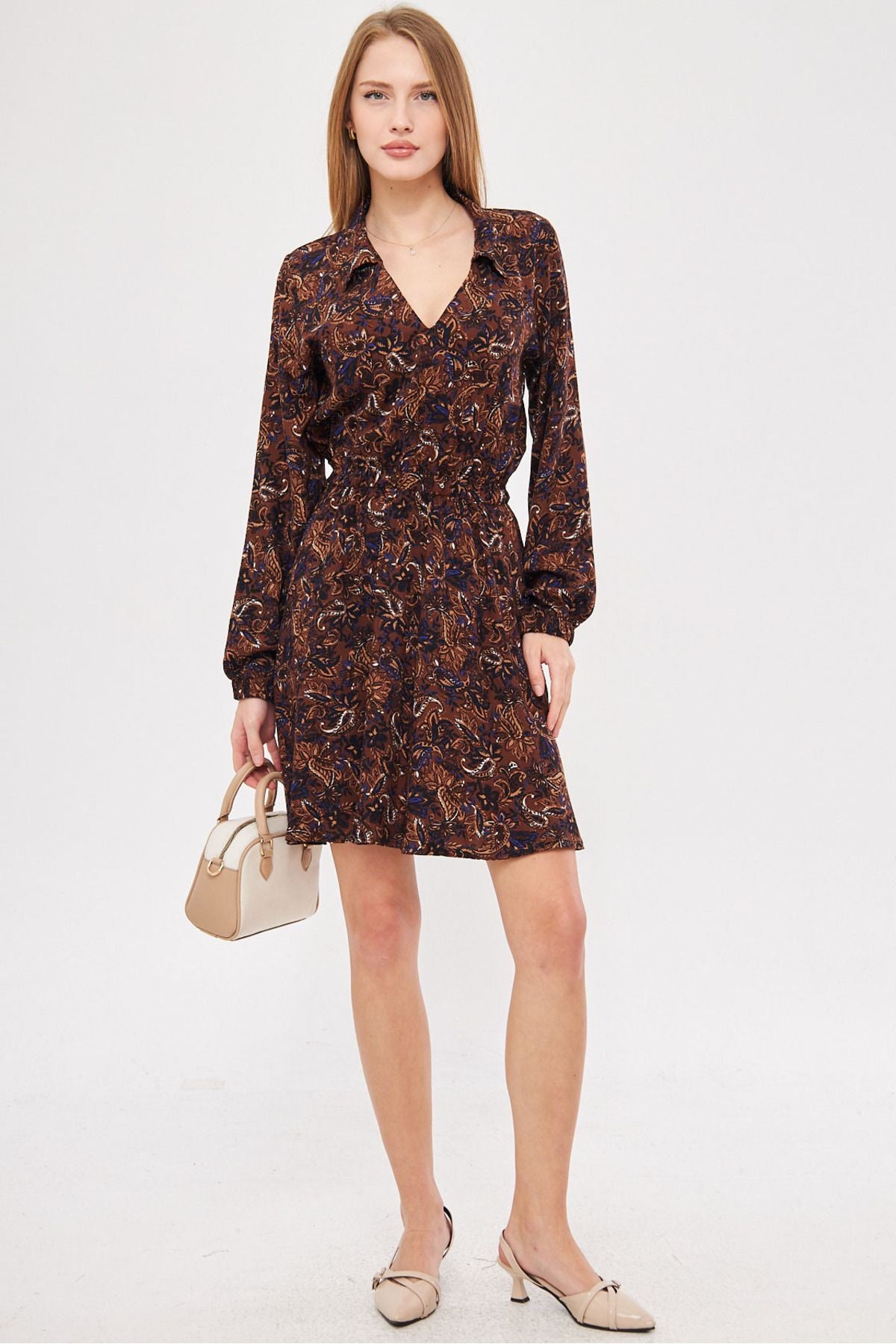 Women's coffee shirt collar detailed waist handle rubber dress with rubber dress ARM-25K001043