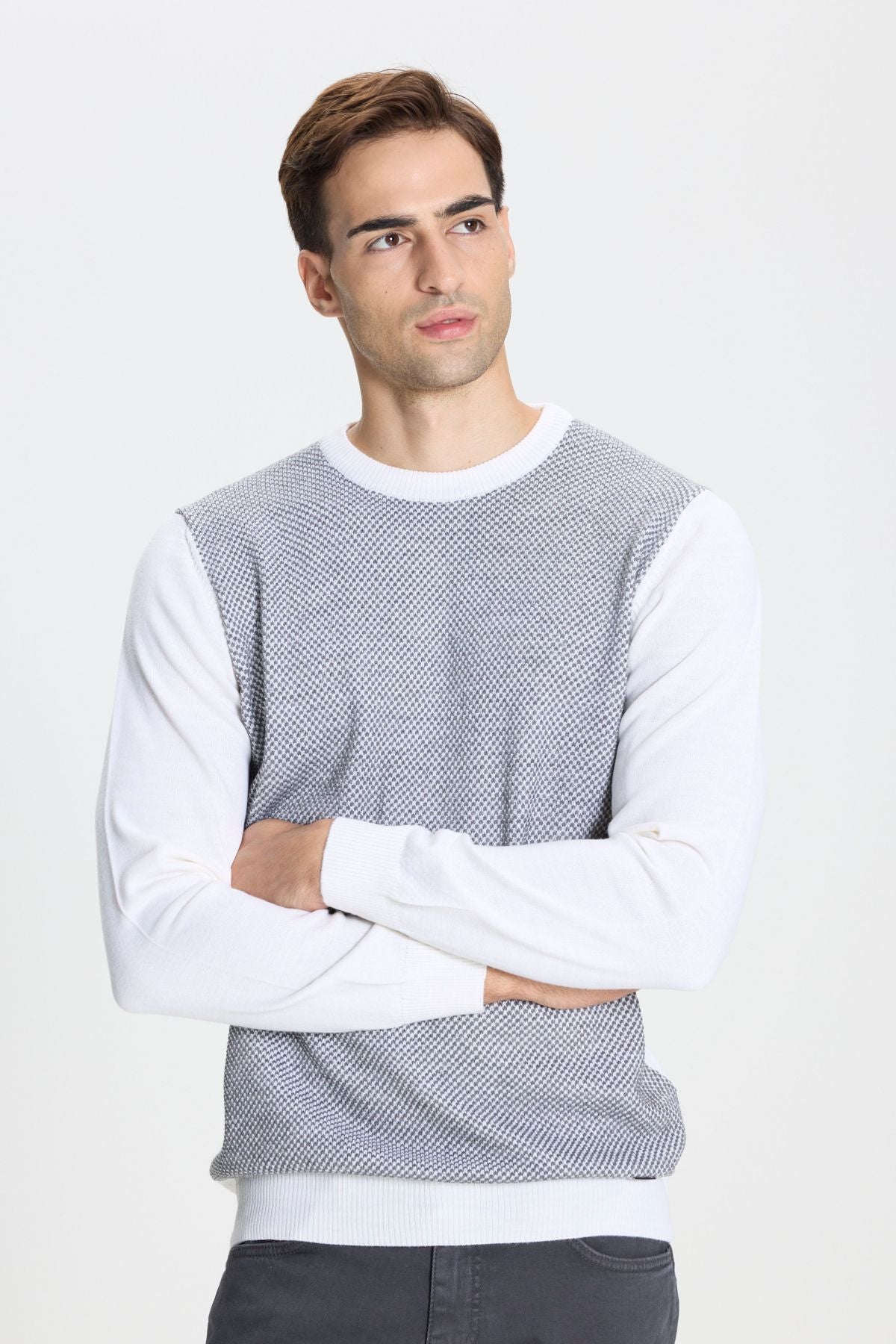 Men's ecru-gray standard fit Normal Cut Bike Cycling Jacquari Knitwear Sweater