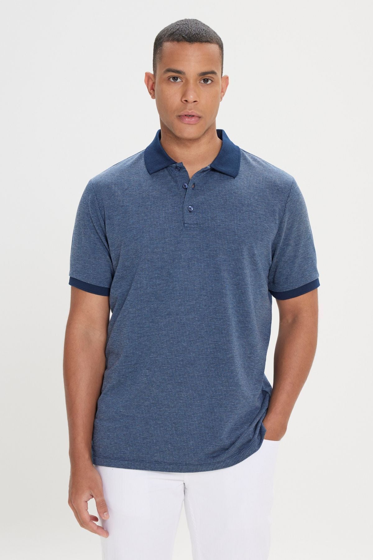 Men's Navy Blue Regular Fit Casual Cut Polo Yaka Cotton Jacquar