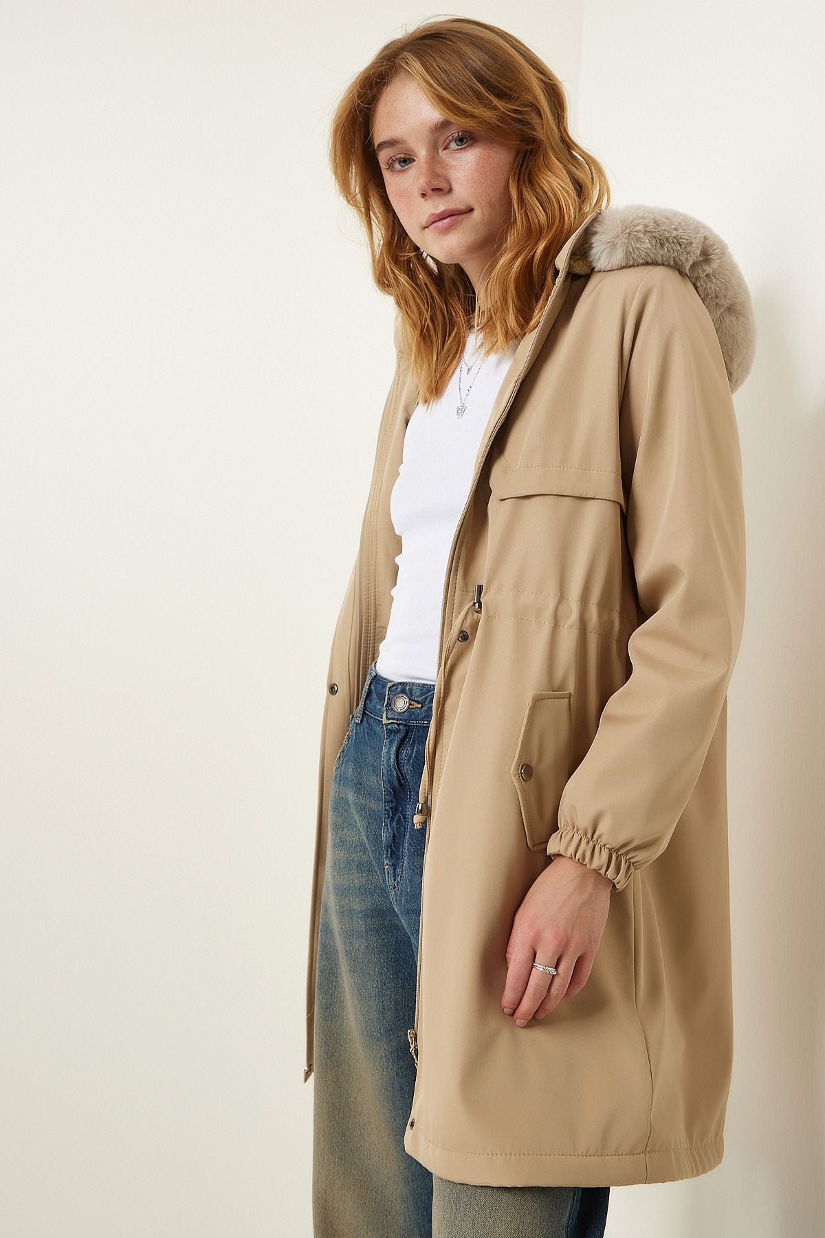 Fur furry coat with a woman beige hooded DD01292