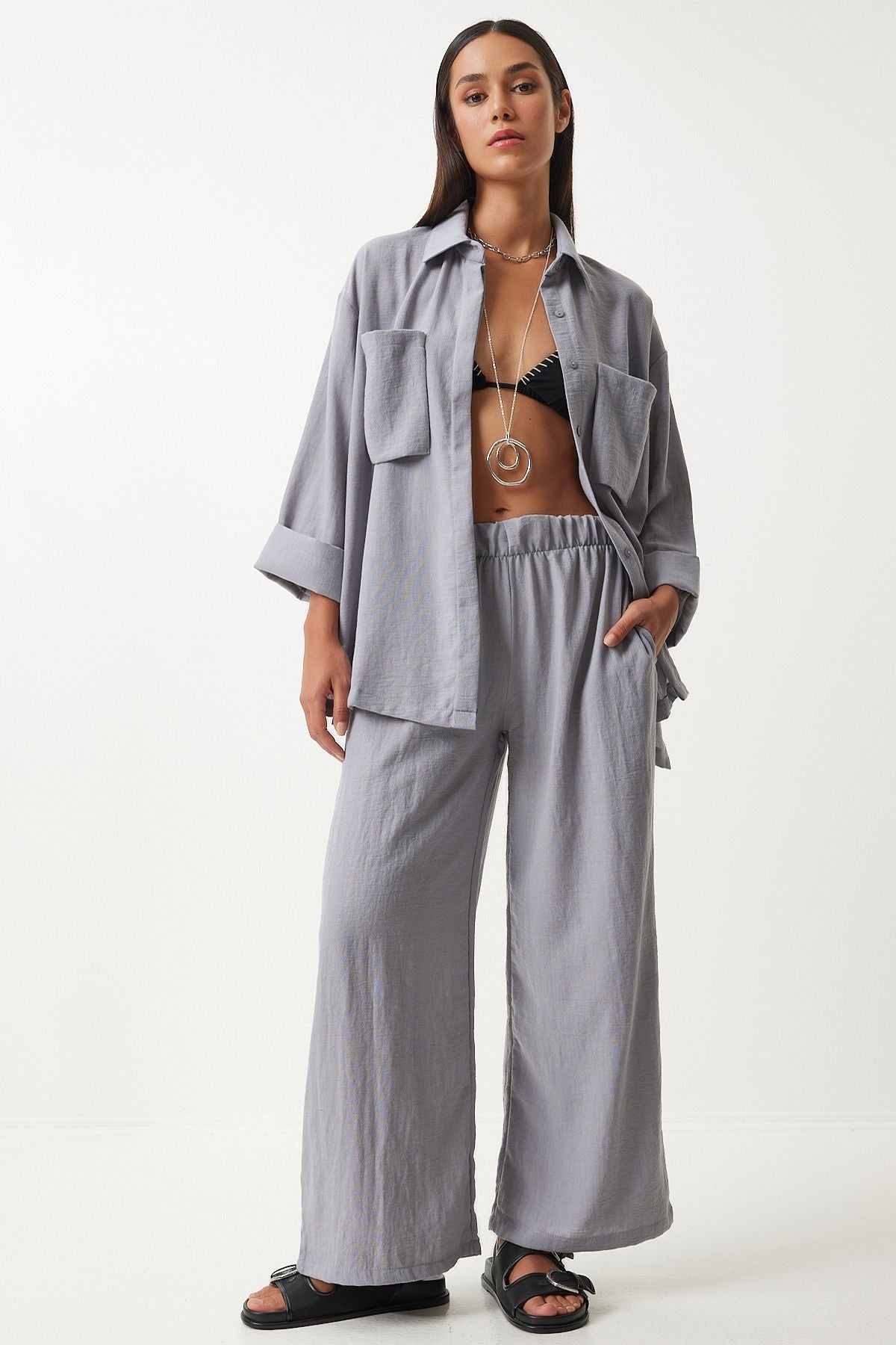 Women's gray wide pocket linen mixed shirt pants set FN03205
