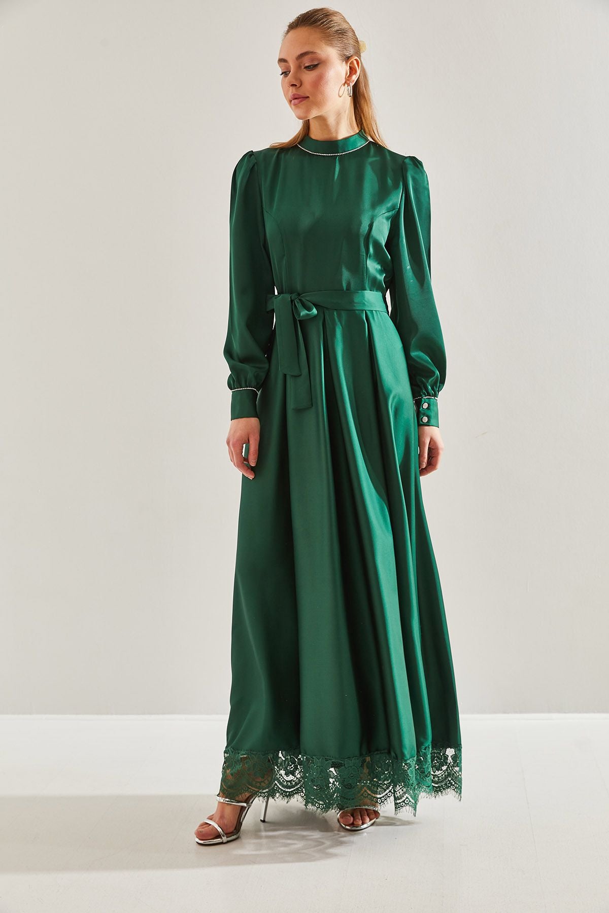 Women's Skirt Lace Side and Handle Satin Hijab Dress 60191005