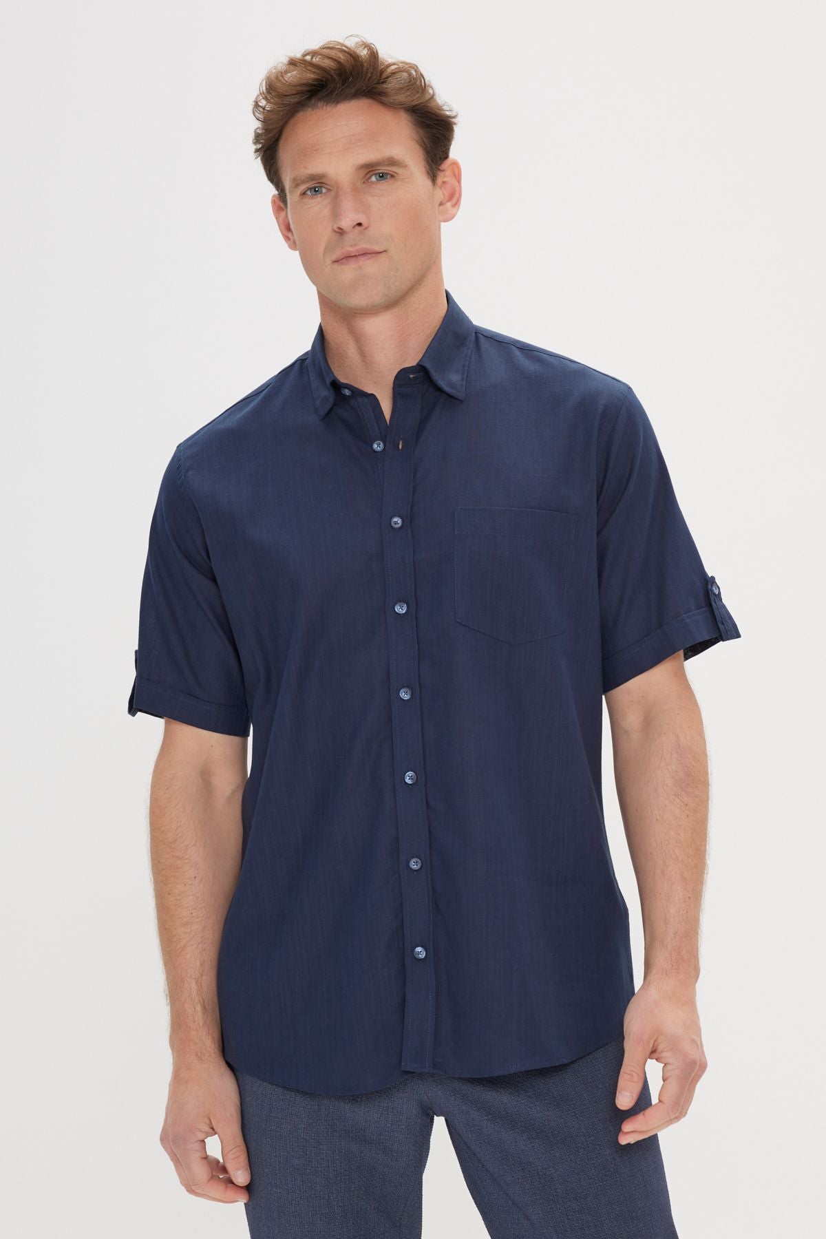 Men's Navy Blue Comfort Fit Casual Cutting Buttoned Neck Linen Looking 100 %Cotton Short Sleeve Shirt