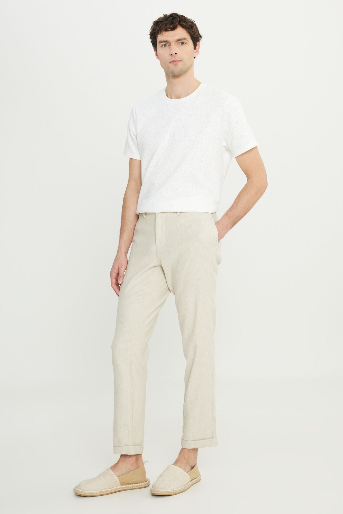 Men's Beige Slim Fit Narrow Cut Diagonal Patterned Casual Pants with Side Pockets