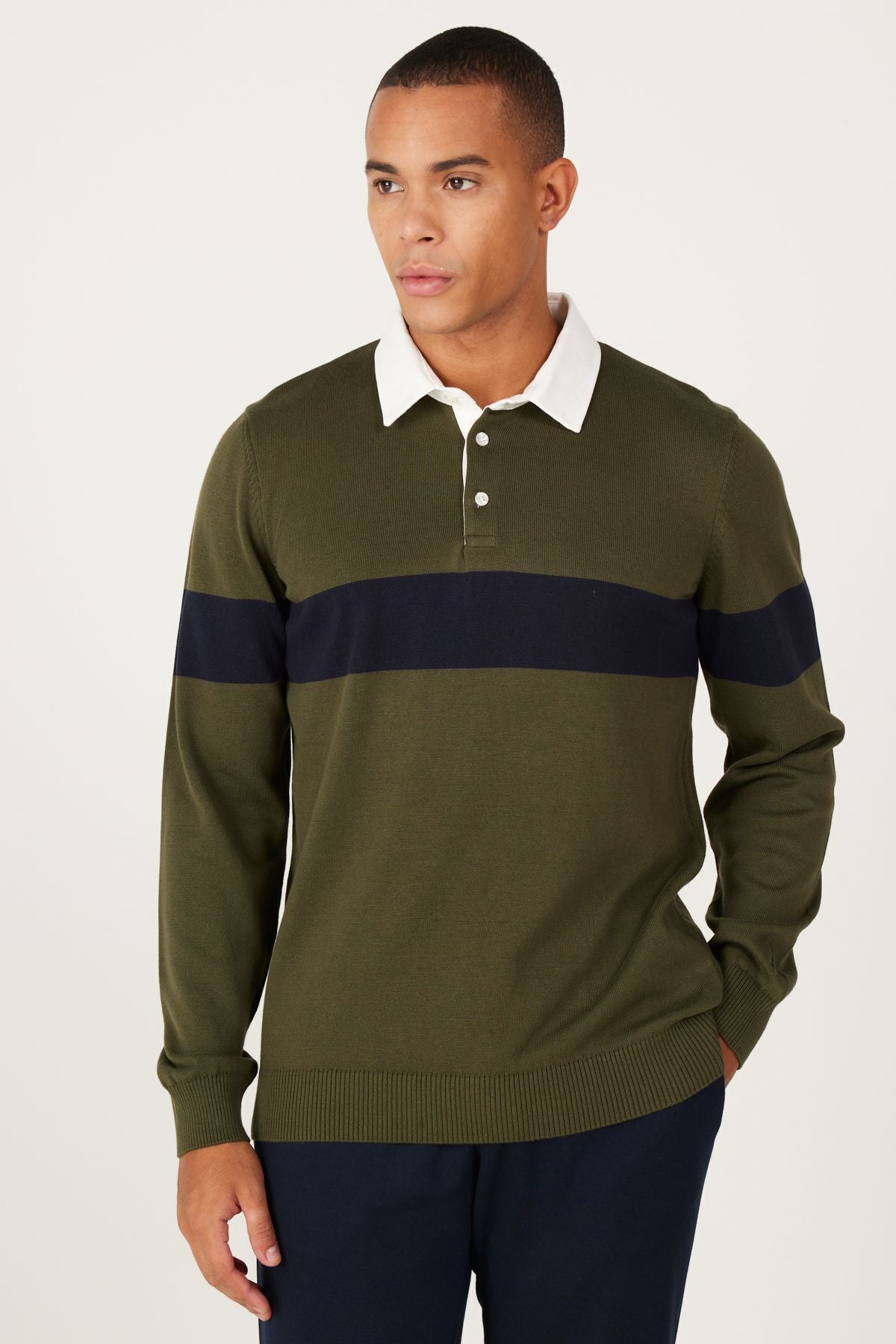 Men's Khaki-Navy Blue Standard Fit Normal Cut Polico Knitwear with 100 %Cotton Patterned Patterned