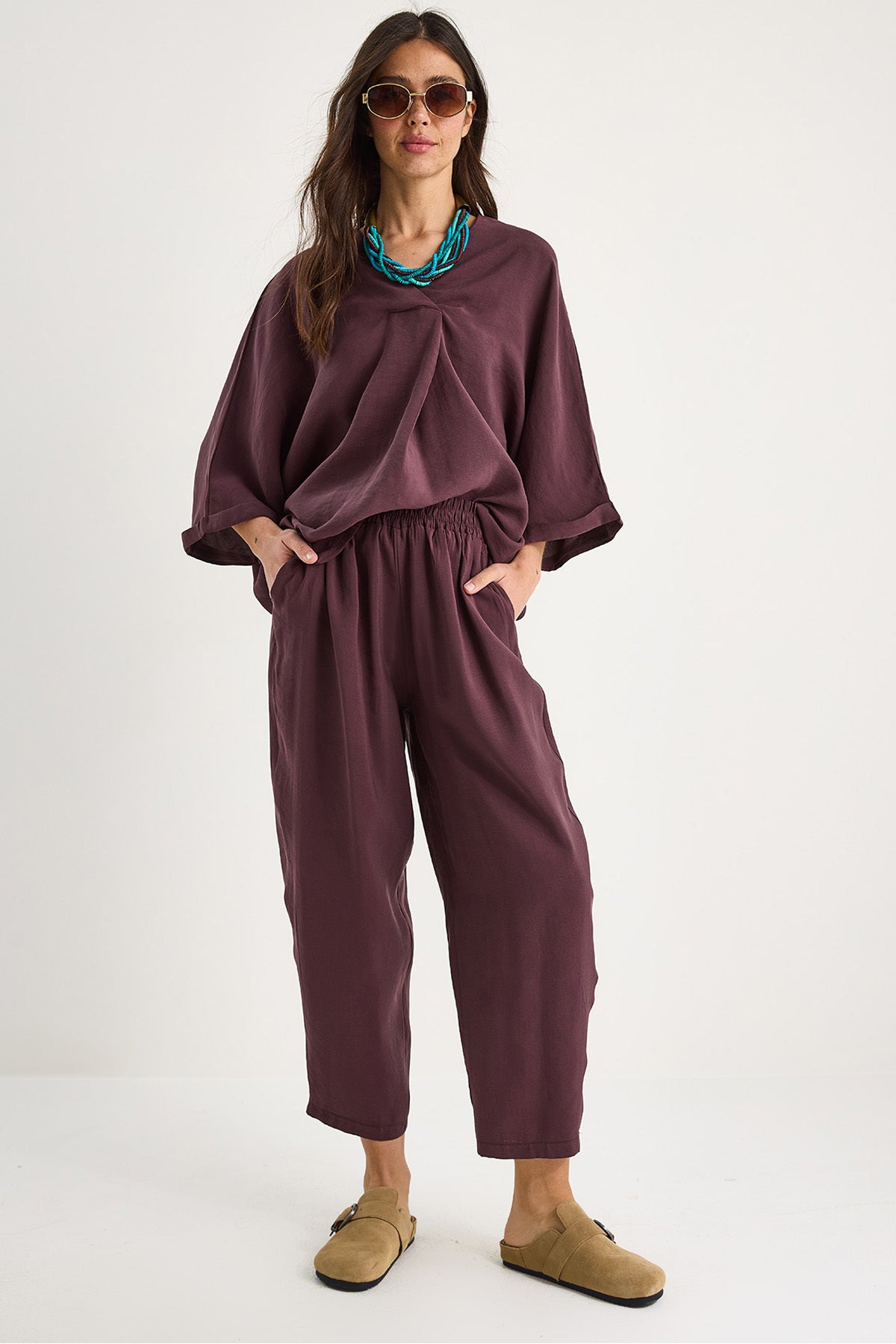 Women's V-Neck Bat Sleeve Blouse Elastic Waist Trousers Modal Suit 60283237