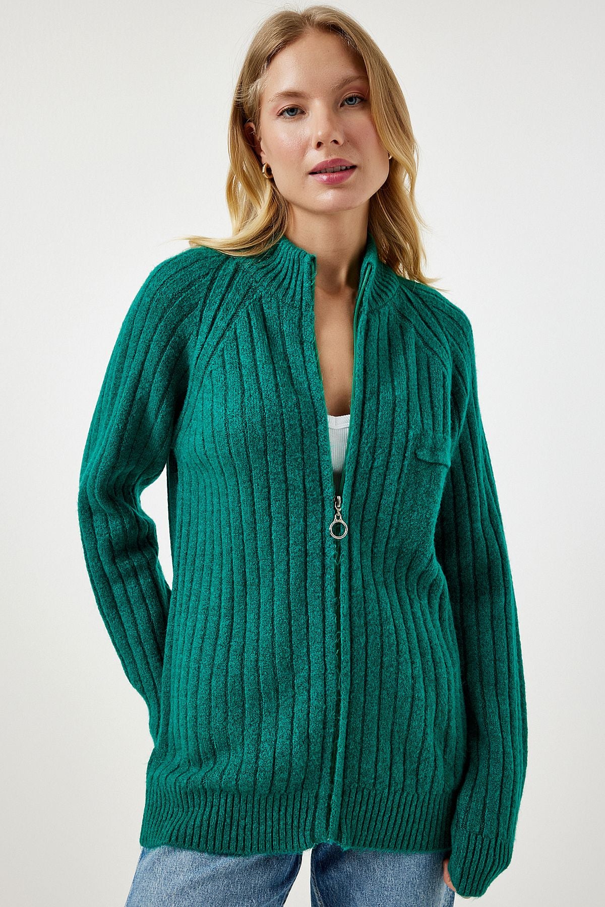 Woman Dark Green Zippered Knitwear Cardigan DD01301