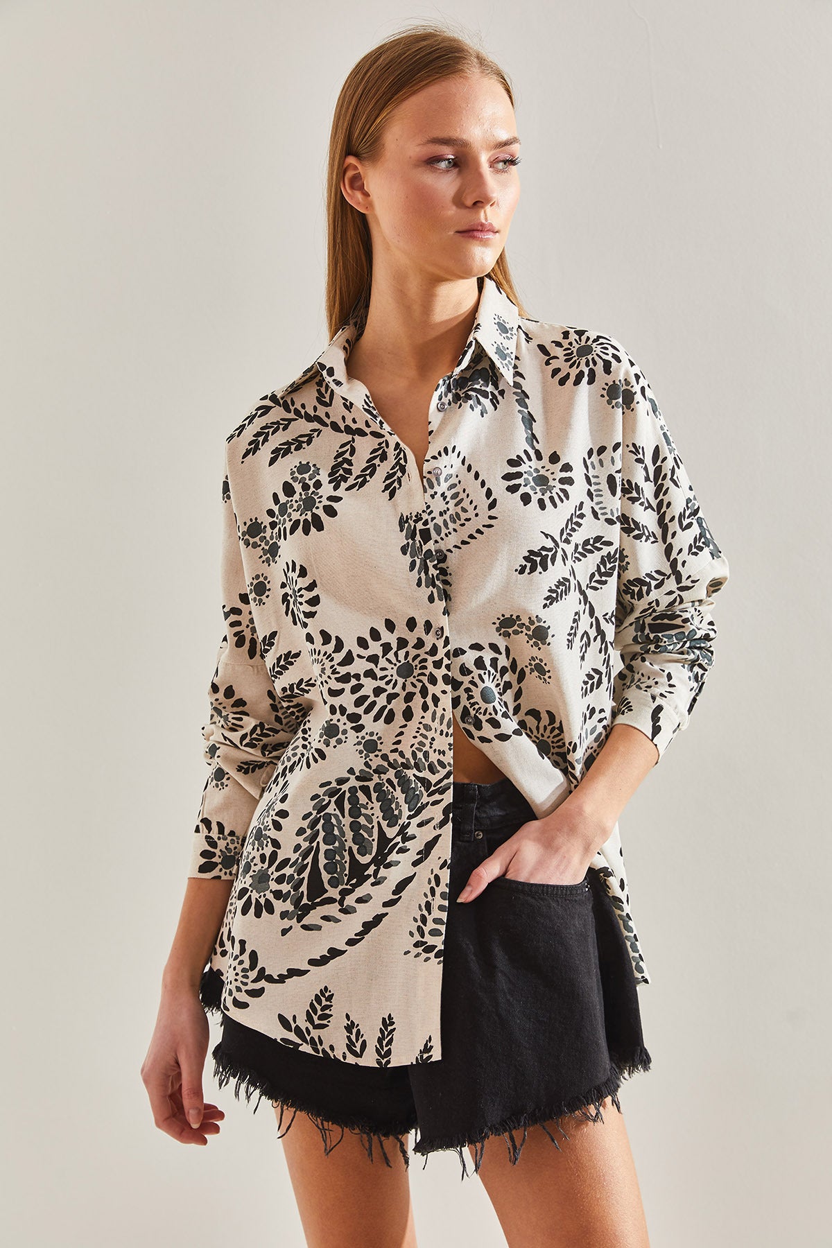 Women's Big Leaf Patterned Casual Linen Shirt 60101021