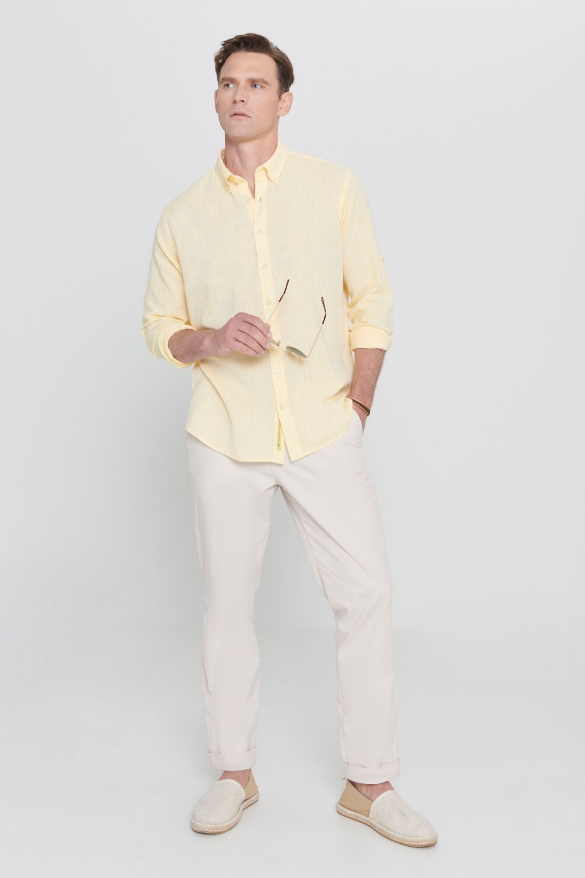 Men's Yellow Linen Comfort Fit Casual Cutton Buttoned Neck Casual Shirt