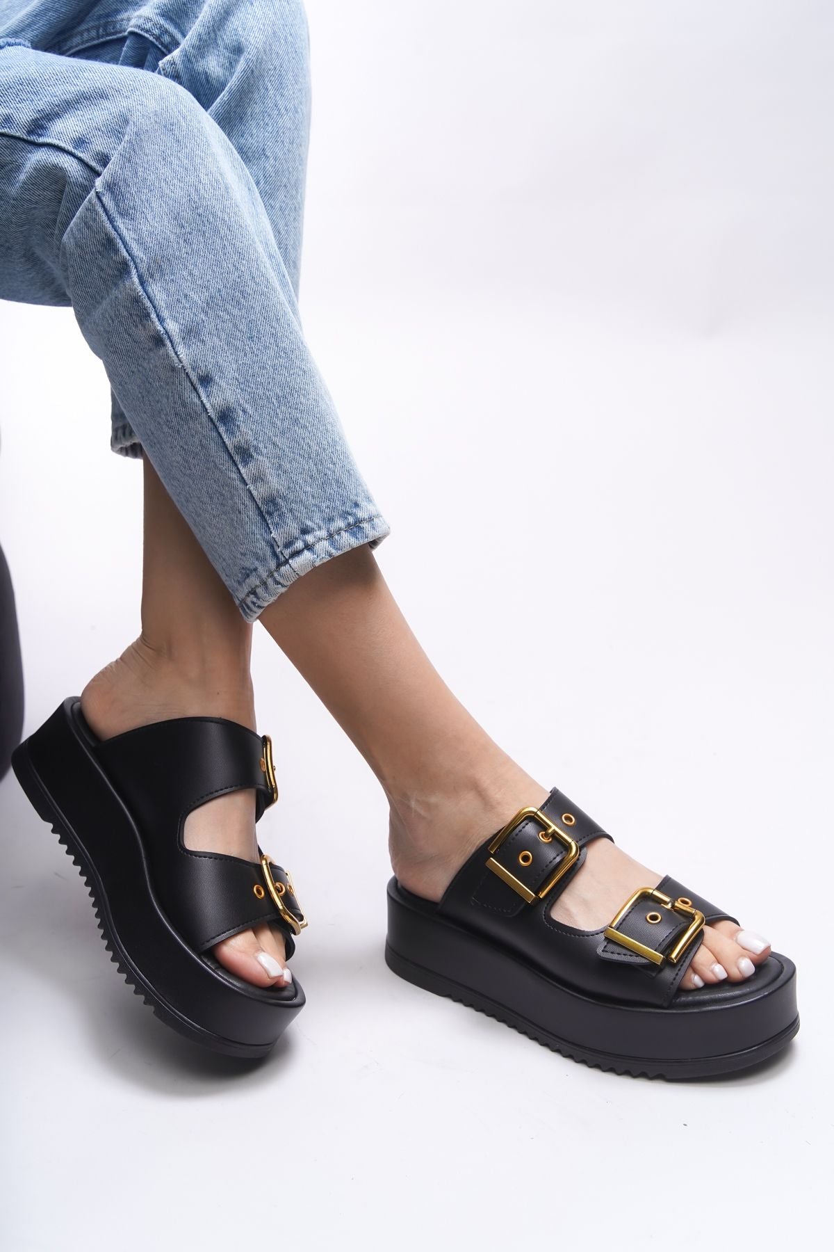 Winledha Female Double Buckle Slipper 001278 Black Skin