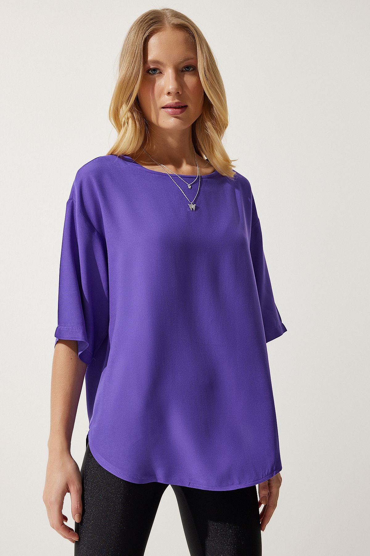 Female purple bike collar draped viscose blouse RC00152