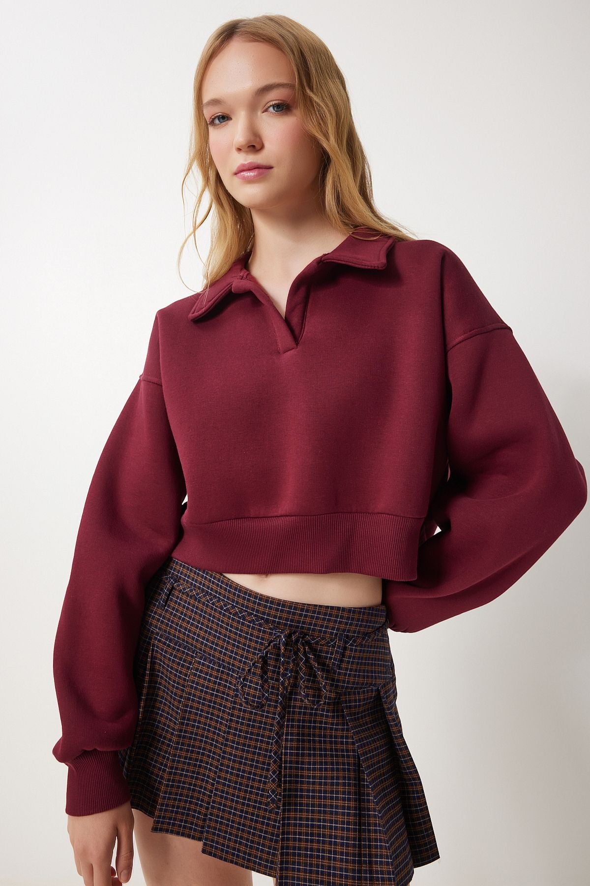 Female Bordeaux Polo Yaka Crop Knitting Sweatshirt HW00014