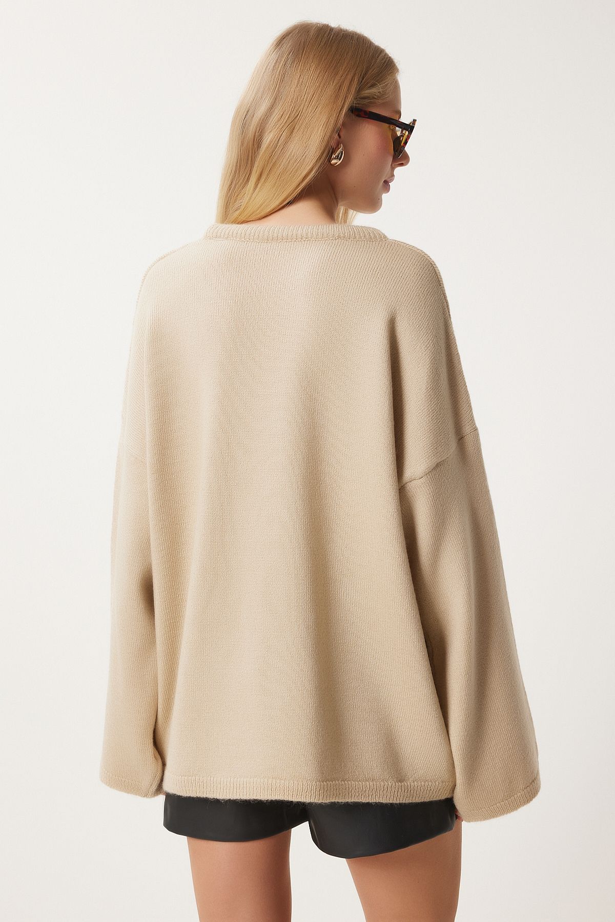 Woman Dark Beige Bow Detailed Oversize Knitwear Sweater KB00042