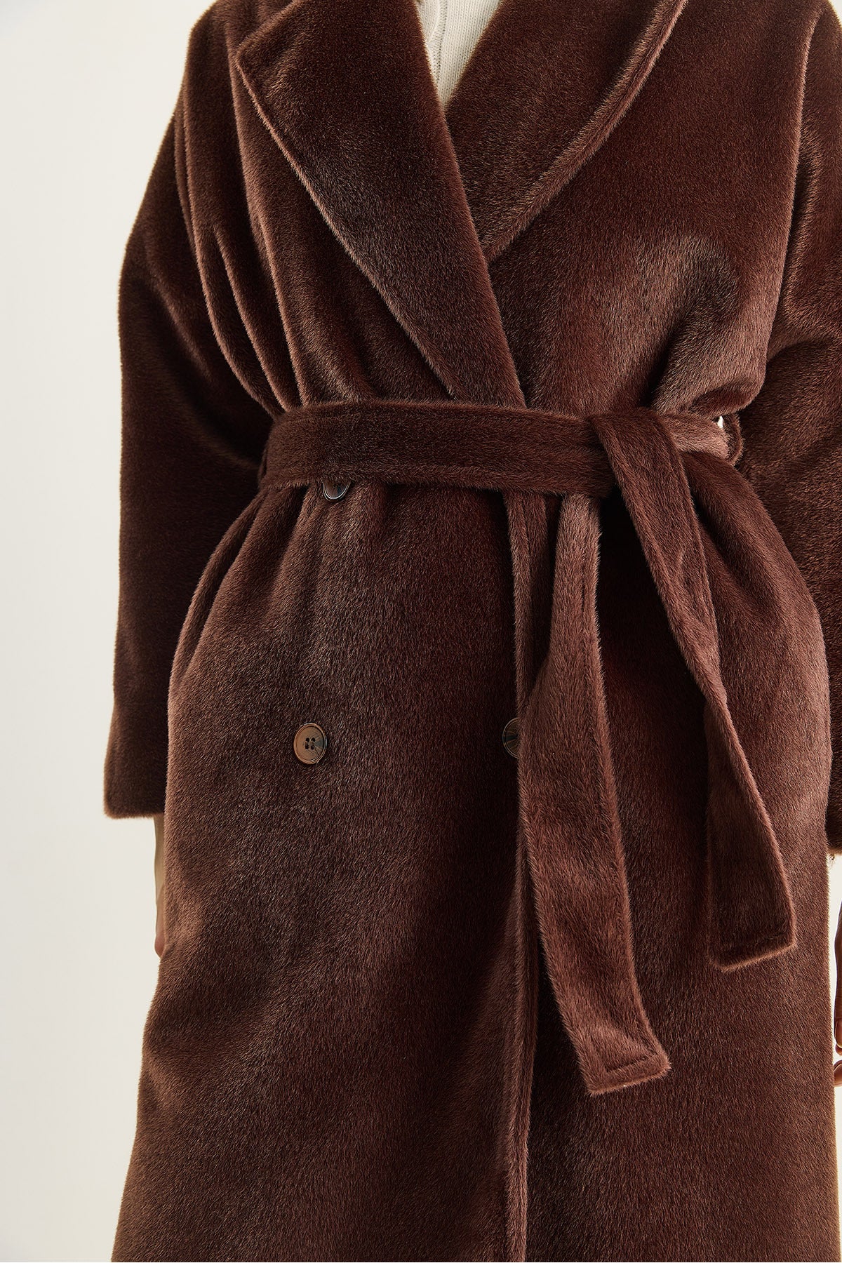 Women's Bearded Soft Textured Double Breasted Collar Lined Pocket Detailed Belted Coat 7021 60283753