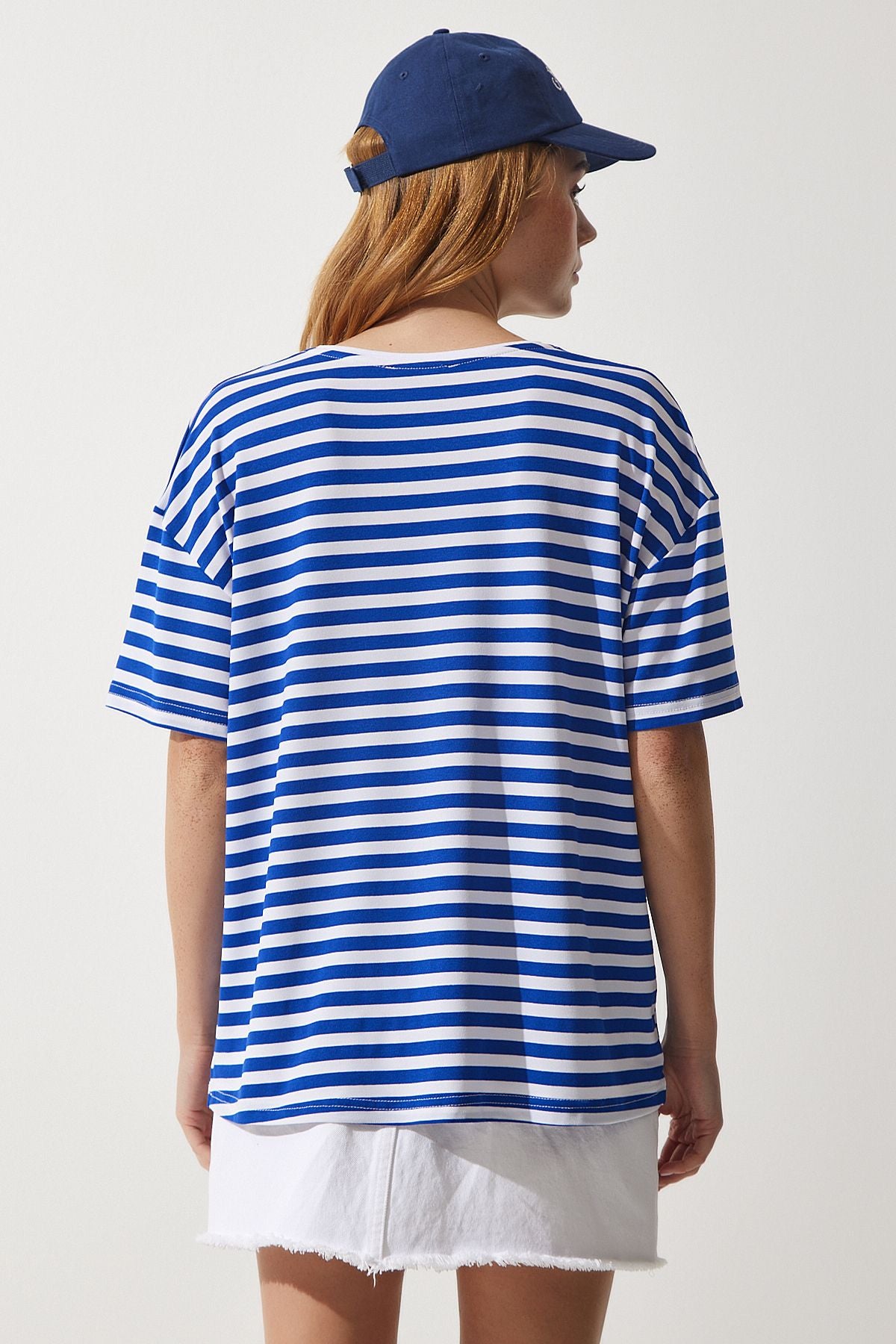 Woman Blue Bicycle Collar Striped Oversize knitting T-shirt EN00609