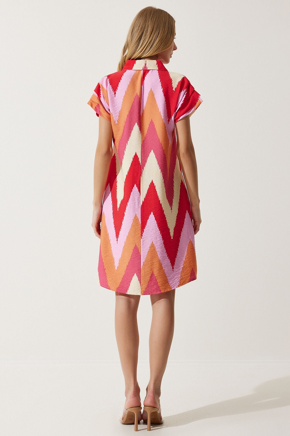 Woman Red Cream Polo Yaka Patterned Summer Dress of00001