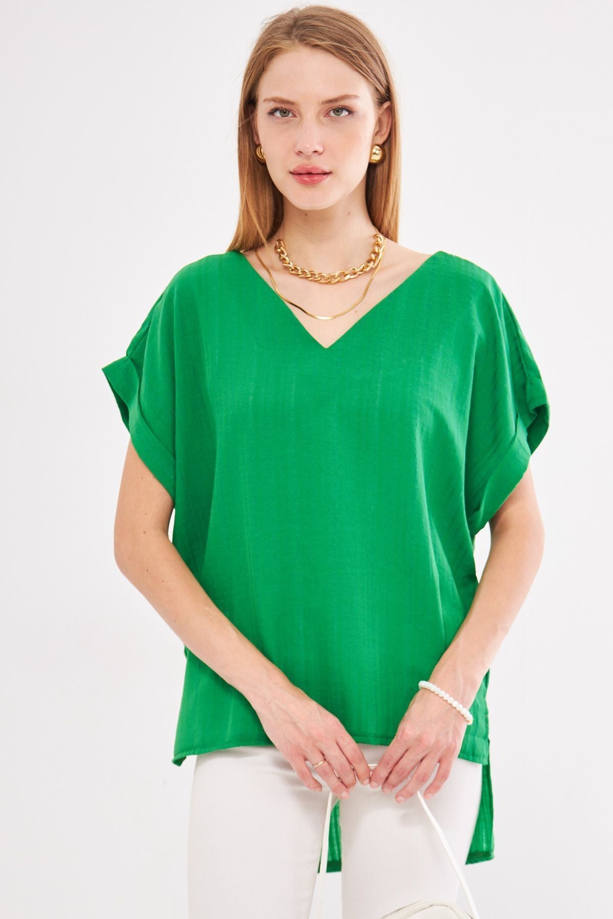Female Green V-Neck Side Slip Behind Long Duble Arm Detailed Oversiz Blouse ARM-24Y001074