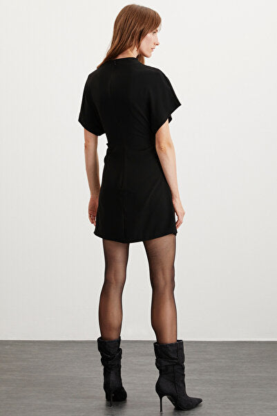 MAXINE Women's Drape Detailed, Off-the-Shoulder, Flexible Crepe Knitted Fabric Mini Black Dress Sitting From The Waist Down