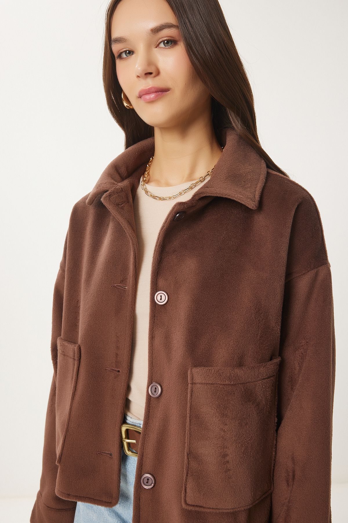 Female brown wide pocket soft stamp jacket FN03445