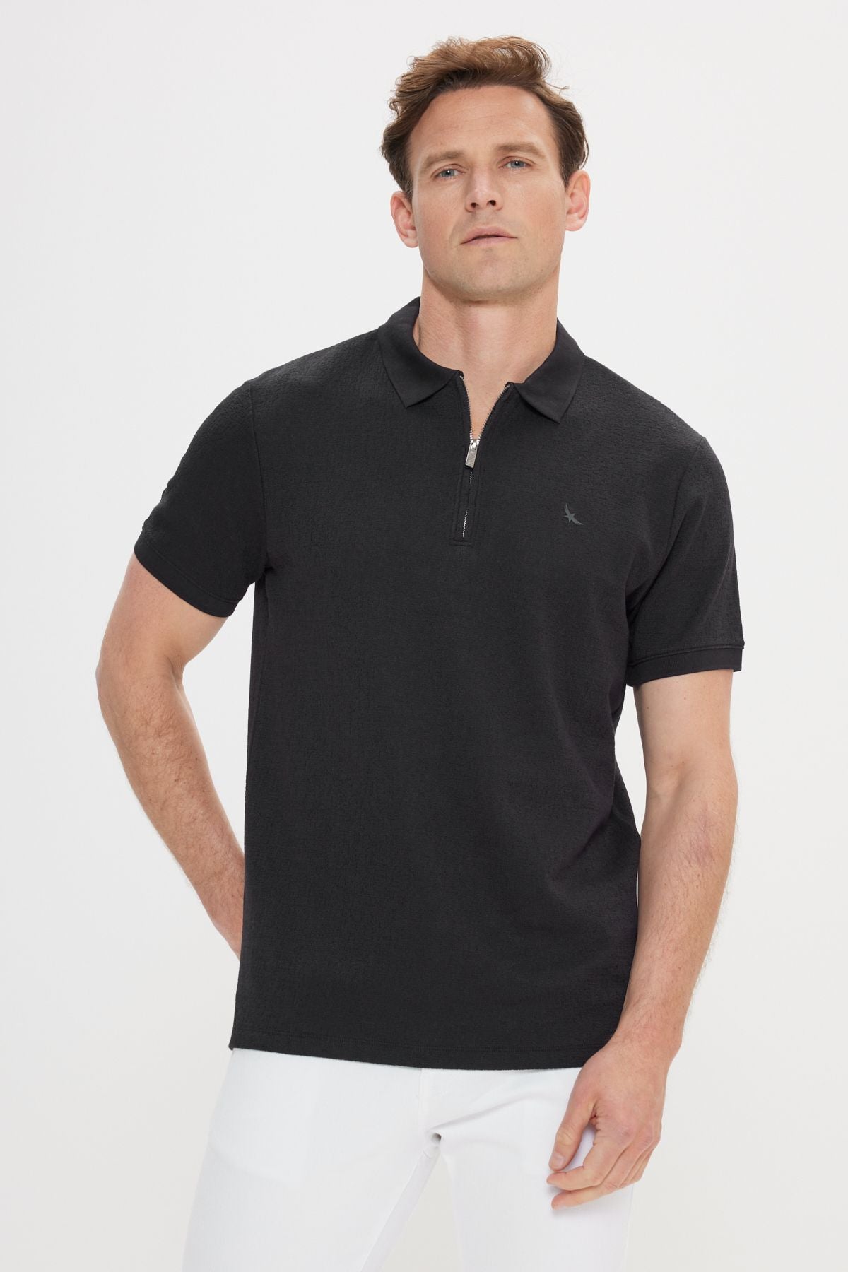 Men's black slim fit narrow cut cotton polo collar t -shirt