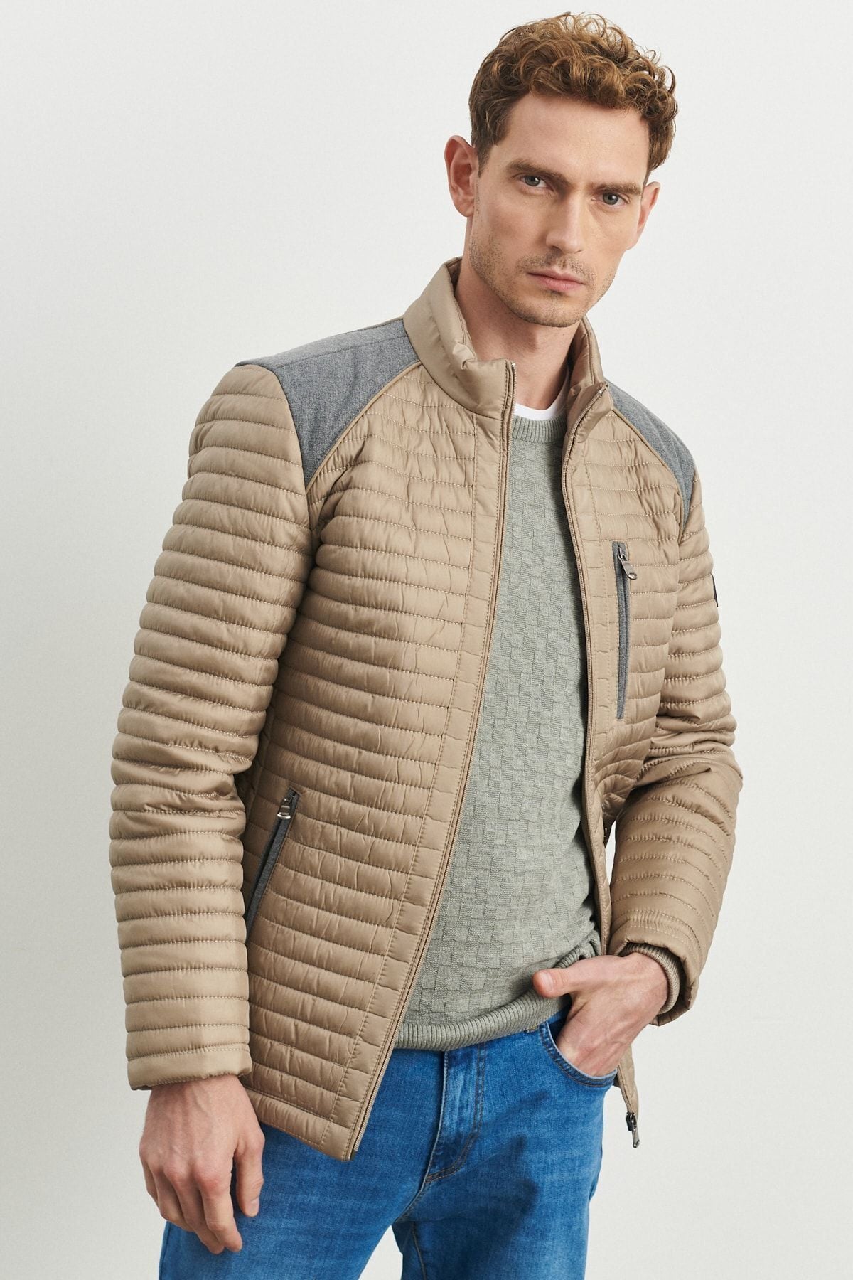 Men's beige standard fit Normal cut cold air -proof patterned swelling coat