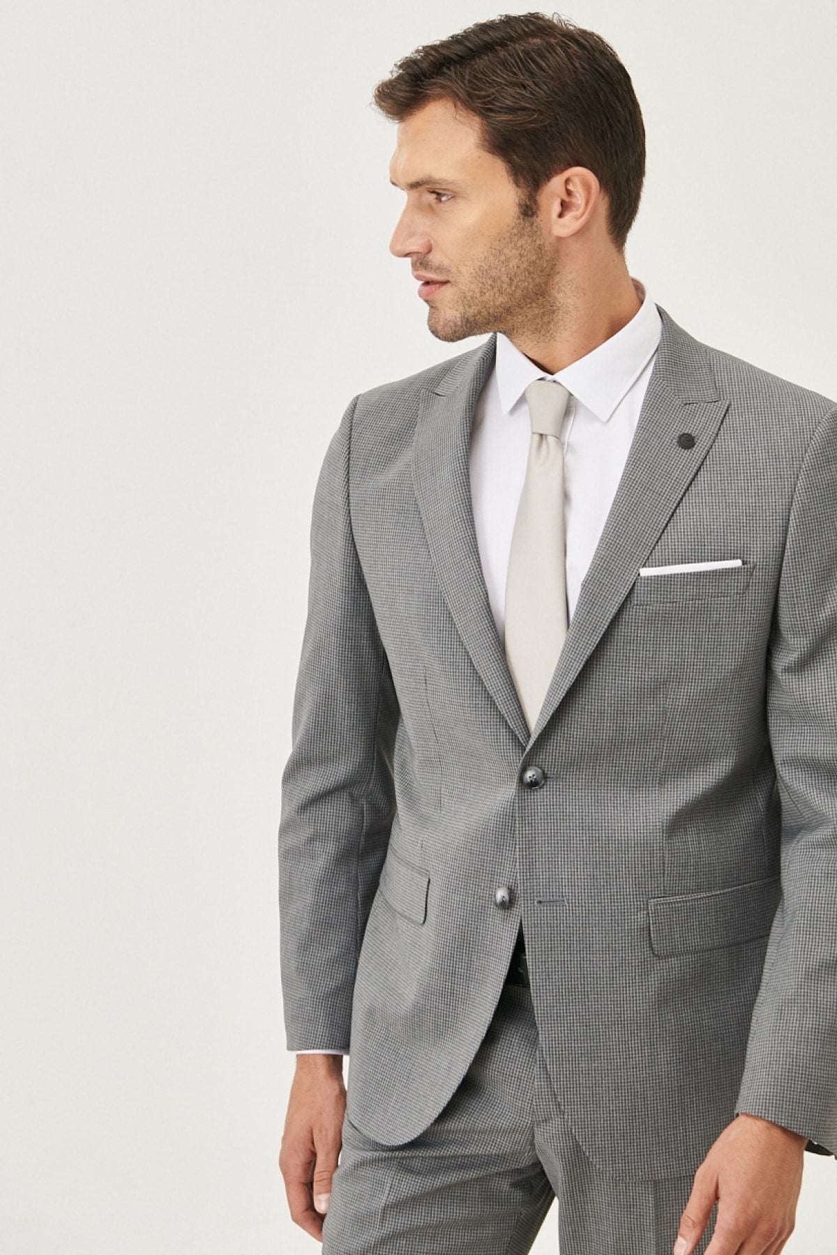 Men's Gray Slim Fit Narrow Cut Patterned Suit Suit