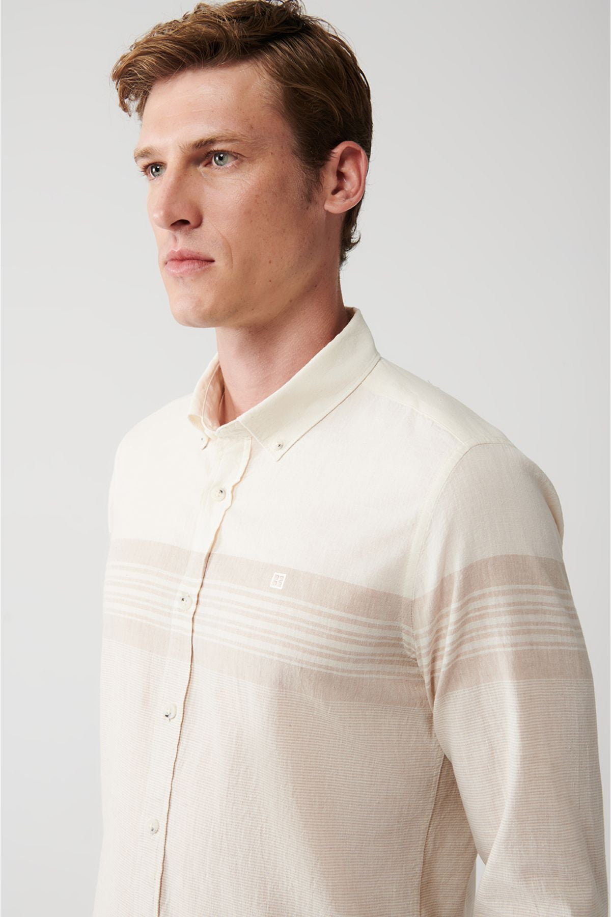 Men's beige cotton linen mixed striped shirt A31y2270