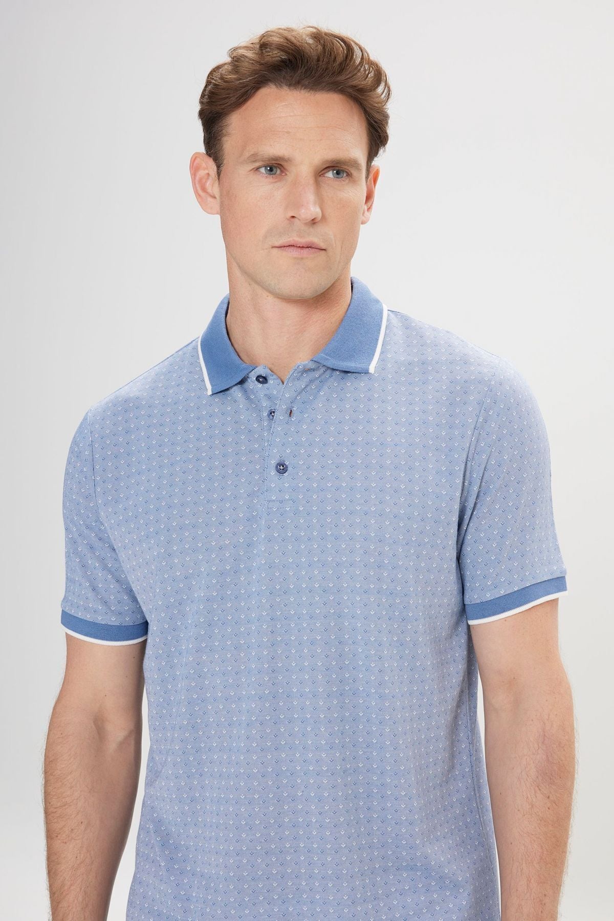 Men's Blue Regular Fit Casual Cut Polo Yaka Jacquard T -shirt