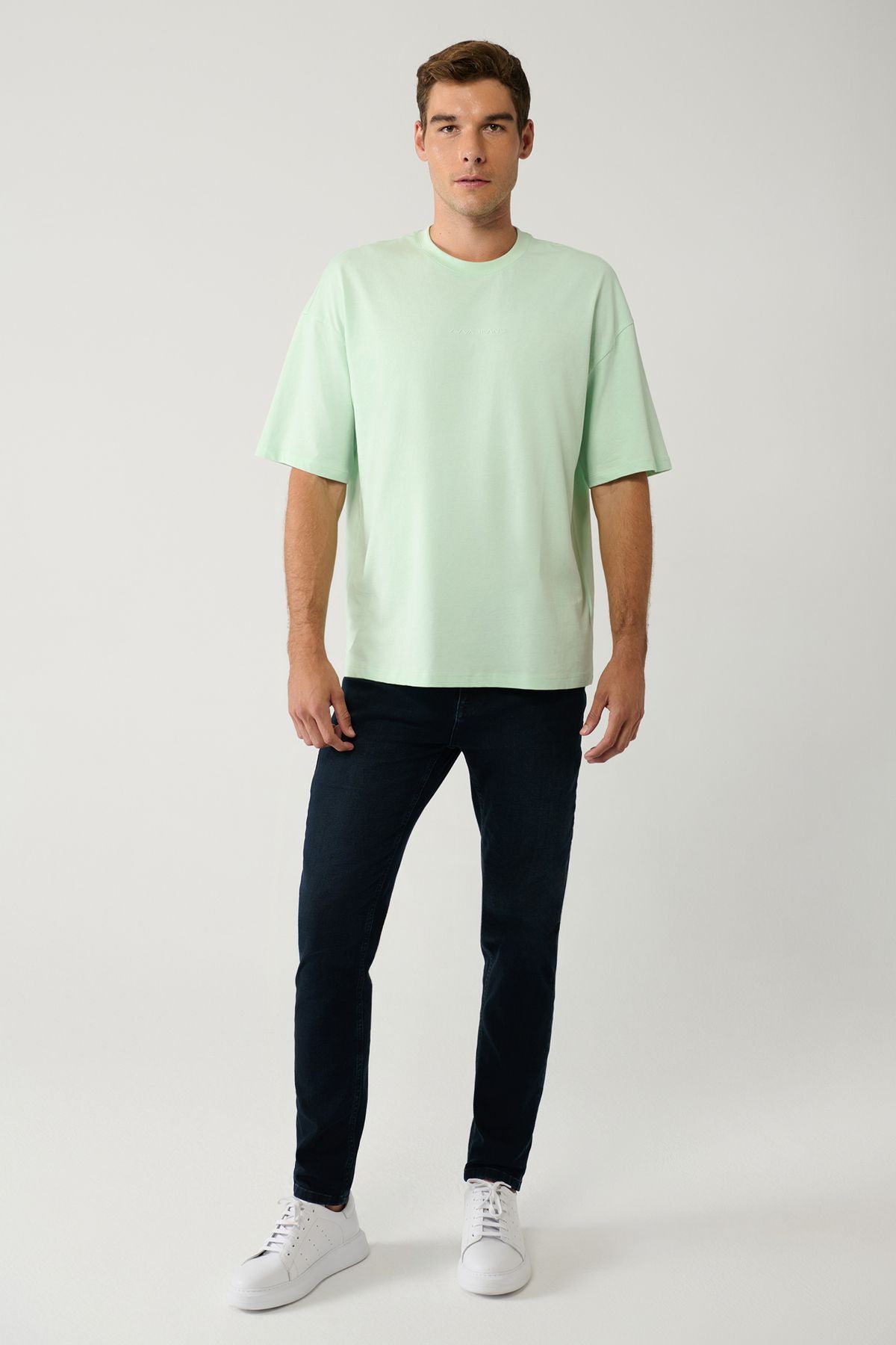 Men's Mint Green T-shirt Crew Neck Printed Cotton Oversize E001037