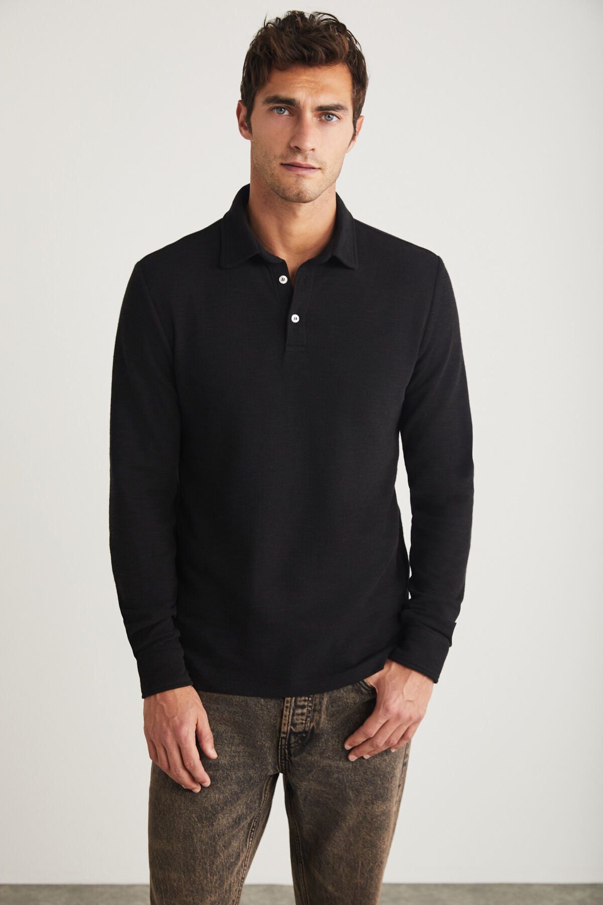 Tremont Men's 100 %Organic Cotton Slim Fit textured Fabric Polo Yaka Long Sleeve Black T-Shirt