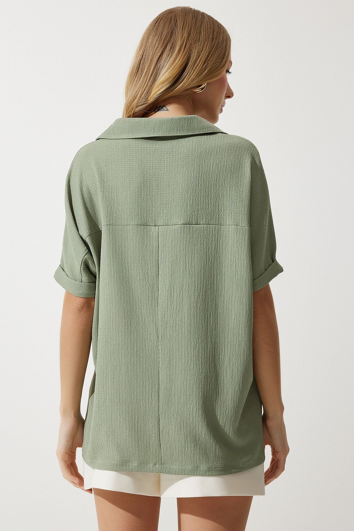 Woman Khaki Polo Yaka Knitting Krinkıl Blouse DD01299