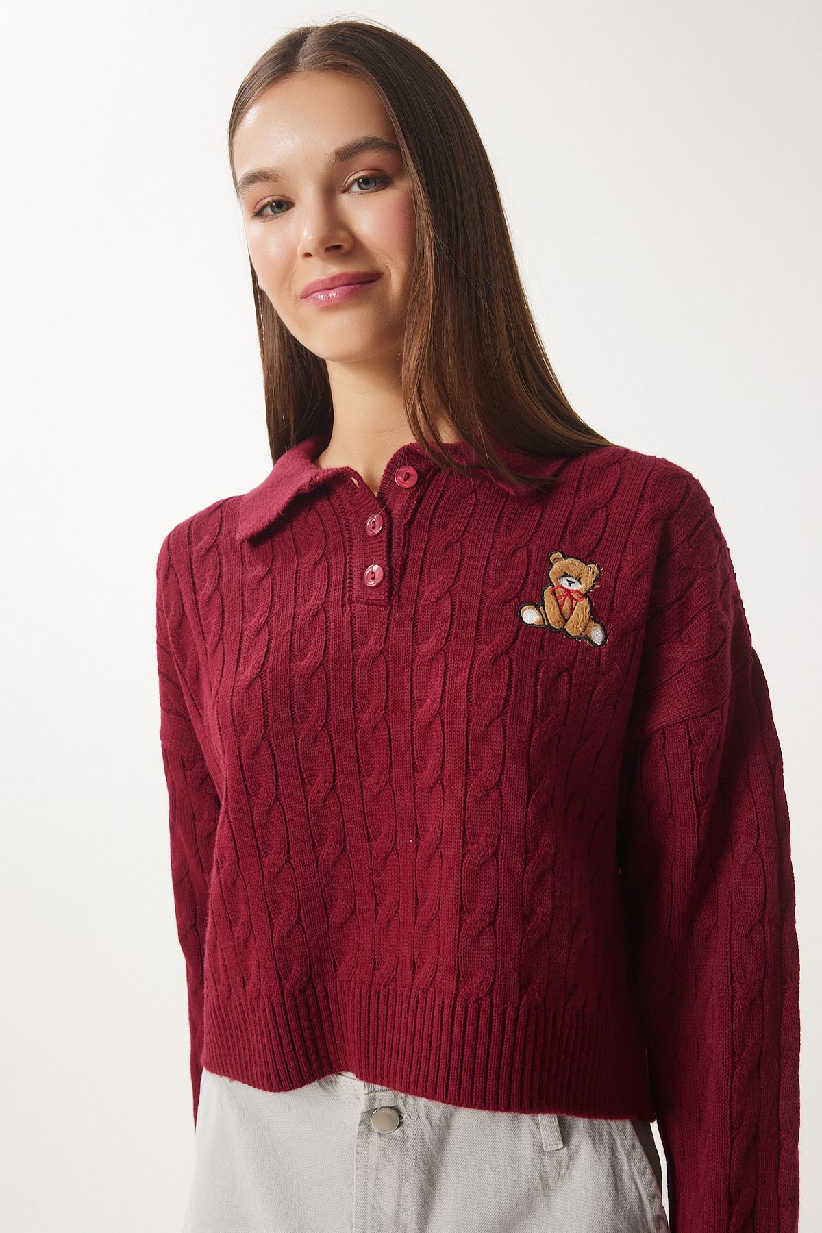 Women's burgundy motif knitwear sweater zh00043