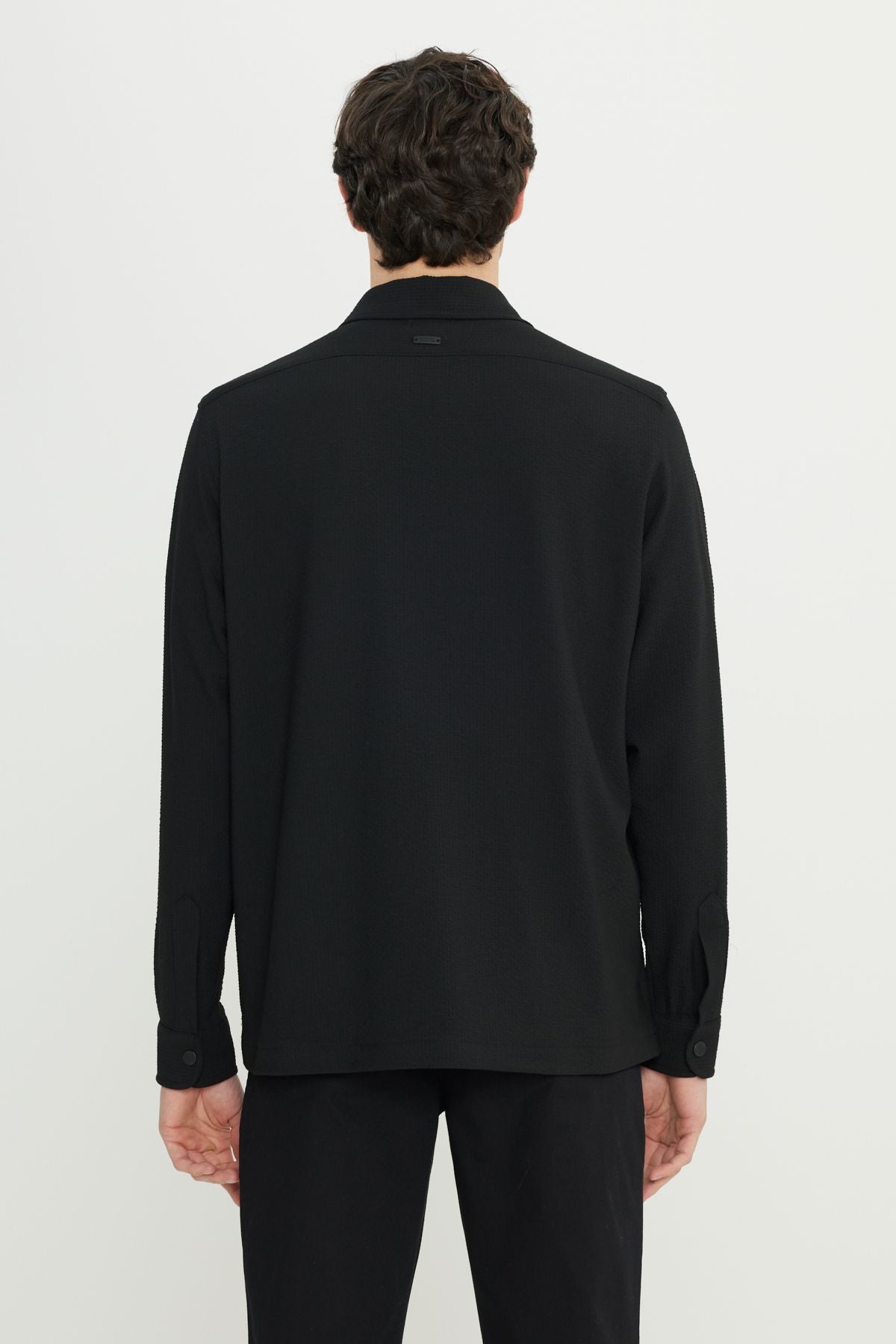 Men's black woolen relax fit comfortable cut shirt collar wafer patterned flexible suit jacket