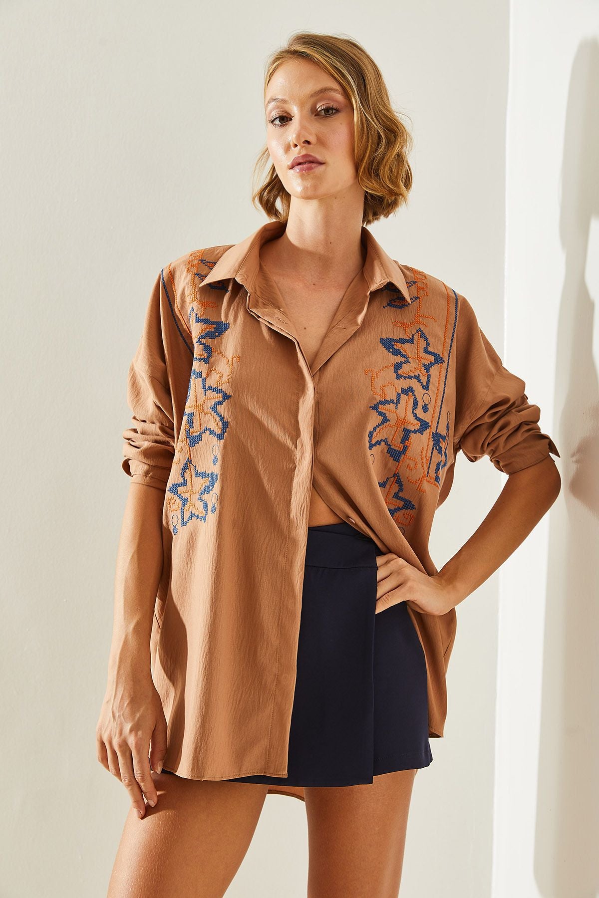 Woman Embroidery Processing Patterned Oversize Shirt 5928 60251479