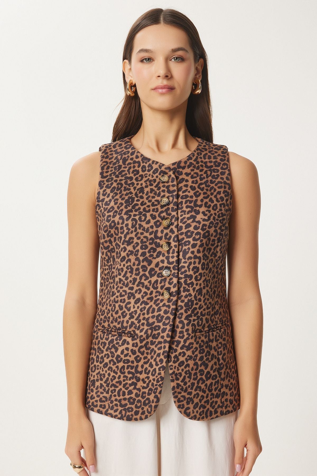 Woman Camel Black Leopard Patterned Nubuk Vest FN03444