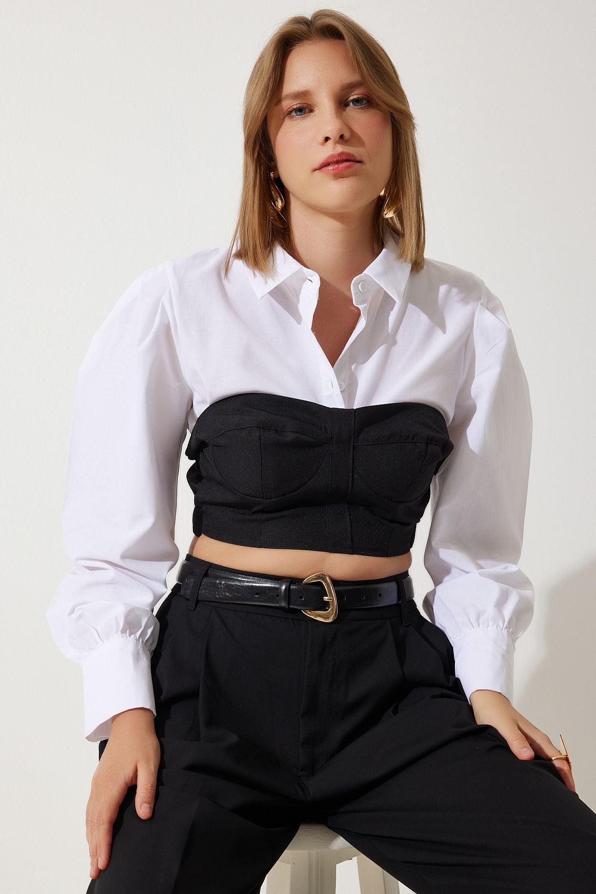 Woman White Black Bloc Color Crop Shirt Blouse RG00032